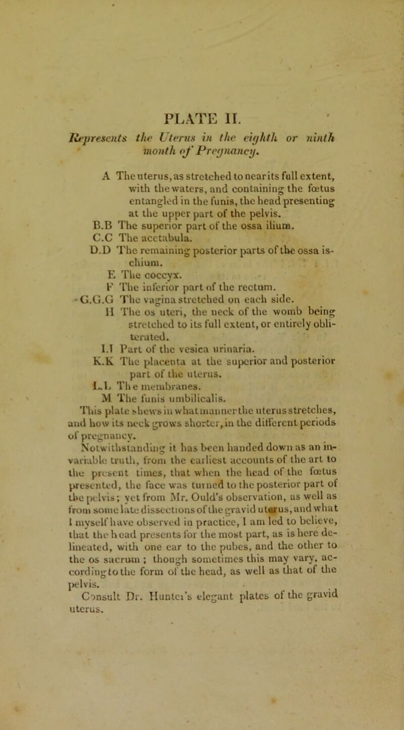 Represents the Uterus in the eighth or ninth month of Prcgnancg. A The uterus, as stretched to near its full extent, with the waters, and containing the foetus entangled in the funis, the head presenting at the upper part of the pelvis. B. B The superior part of the ossa ilium. C. C The acetabula. D. D The remaining posterior parts of the ossa is- chium. E The coccyx. F The inferior part of the rectum. • G.G.G The vagina stretched on each side. II The os uteri, the neck of the womb being stretched to its full extent, or entirely obli- terated. 1.1 Part of the vesica urinaria. K. K The placenta at the superior and posterior part of the uterus. L. L The membranes. M The funis umbilicalis. This plate shews in whatmauner the uterus stretches, and how its neck grows shorter,in the different periods of pregnancy. Notwithstanding it has been handed down as an in- variable truth, from the earliest accounts of the art to the present times, that when the head of the foetus presented, the face was turned to the posterior part of the pelvis; yet from I\Ir. Ould's observation, as well as from some late dissections of the gravid uterus,and what 1 myself have observed in practice, 1 am led to believe, that the head presents for the most part, as is here de- lineated, with one car to the pubes, and the other to the os sacrum ; though sometimes this may vary, ac- cordingto the form of the head, as well as that of the pelvis. Consult Dr. Huntci’s elegant plates of the gravid uterus.