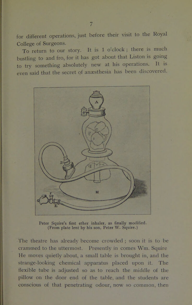 for different operations, just before their visit to the Royal College of Surgeons. To return to our story. It is 1 o’clock ; there is much bustling to and fro, for it has got about that Liston is going to try something absolutely new at his operations. It is even said that the secret of anaesthesia has been discovered. Peter Squire’s first ether inhaler, as finally modified. (From plate lent by his son, Peter W. Squire.) The theatre has already become crowded ; soon it is to be crammed to the uttermost. Presently in comes Wm. Squire He moves quietly about, a small table is brought in, and the strange-looking chemical apparatus placed upon it. The flexible tube is adjusted so as to reach the middle of the pillow on the door end of the table, and the students are conscious of that penetrating odour, now so common, then