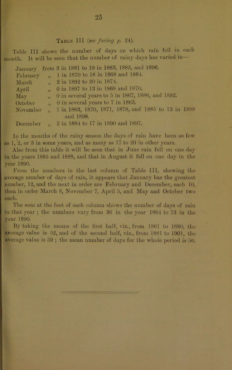 25 Table III (see facing p. 24). Table III shows the number of clays on which rain fell in each month. It will be seen that the number of rainy days has varied in— January February March April May October November December from 3 in 1881 to 19 in 1883, 1885, and 1896. „ 1 iu 1870 to 18 in 1868 and 1884. „ 2 in 1892 to 20 in 1874. „ 0 in 1897 to 13 in 1868 and 1870. „ 0 in several years to 5 in 1867, 1886, and 1892. „ 0 in several years to 7 in 1863. „ 1 in 1863, 1870, 1871, 1878, and 1885 to 13 in 1888 and 1898. „ 2 in 1884 to 17 in 1890 and 1897. In the months of the rainy season the days of rain have been as few as 1, 2, or 3 iu some years, and as many as 17 to 20 in other years. Also from this table it will be seen that in June rain fell on one day iu the years 1885 and 1888, and that in August it fell on one day in the year 1890. From the numbers in the last column of Table III, showing the average number of days of rain, it appeal's that January has the greatest number, 12, and the next in order are February and December, each 10, then in order March 8, November 7, April 5, and May and October two each. The sum at the foot of each column shows the number of days of rain in that year ; the numbers vary from 36 in the year 1864 to 73 in the year 1890. By taking the means of the first half, viz., from 1861 to 1880, the average value is 52, and of the second half, viz., from 1881 to 1901, the