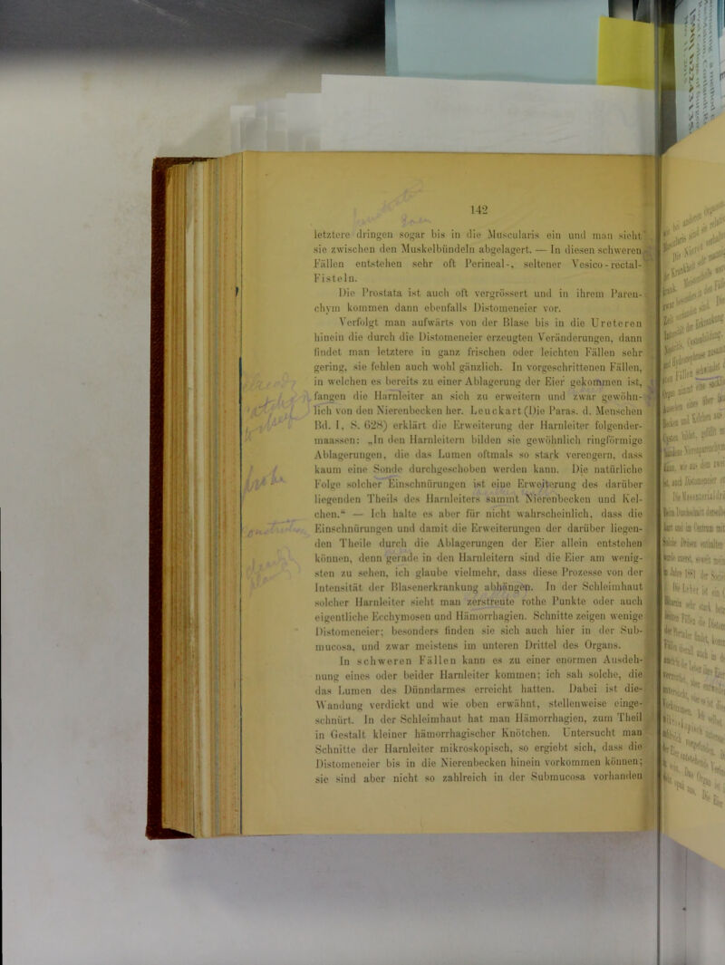 letztere dringen sogar bis in die Muscularis ein und man sieht' sie zwischen den Muskelbündeln abgelagert. — In diesen schweren V Fällen entstehen sehr oft Perineal-, seltener Vosico-rectal-« Fisteln. Die Prostata ist auch oft vergrössert und in ihrem Paren- chym kommen dann ebenfalls Distorgeneier vor. Verfolgt man aufwärts von der Blase bis in die Ureteren hinein die durch die Distomeneier erzeugten Veränderungen, dann findet man letztere in ganz frischen oder leichten Fällen sehr gering, sic fehlen auch wohl gänzlich. In vorgeschrittenen Fällen, in welchen es bereits zu einer Ablagerung der Eier gekommen ist, fangen die Harnleiter an sich zu erweitern und zwar gewöhn- lich von den Nierenbecken her. Lcuckart (Die Paras. d. Menschen Bd. I, 8. 628) erklärt die Erweiterung der Harnleiter folgcnder- maassen: „In den Harnleitern bilden sie gewöhnlich ringförmige Ablagerungen, die das Lumen oftmals so stark verengern, dass kaum eine Sonde durchgeschoben werden kann. Die natürliche Folge solcher Einschnürungen ist eine Erweiterung des darüber liegenden Theils des Harnleiters saramt Nierenbecken und Kel- chen.“ — Ich halte es aber für nicht wahrscheinlich, dass die Einschnürungen und damit die Erweiterungen der darüber liegen- den Theile durch die Ablagerungen der Eier allein entstehen können, denn gerade in den Harnleitern sind die Eier am wenig- sten zu sehen, ich glaube vielmehr, dass diese Prozesse von der . Intensität der Blasenerkrankung abhängen. In der Schleimhaut solcher Harnleiter sieht mau zerstreute rothe Punkte oder auch eigentliche Ecchymosen und Hämorrhagien. Schnitte zeigen wenige Distomeneier; besonders finden sie sich auch hier in der Sub- mucosa, und zwar meistens im unteren Drittel des Organs. ln schweren Fällen kann es zu einer enormen Ausdeh- nung eines oder beider Harnleiter kommen: ich sah solche, die das Lumen des Dünndarmes erreicht hatten. Dabei ist die- Wandung verdickt und wie oben erwähnt, stellenweise einge- schnürt. In der Schleimhaut hat man Hämorrhagien, zum Theil ‘ , s'0' IV • i,.#-' * ° > , in Gestalt kleiner hämorrhagischer Knötchen. Untersucht man Schnitte der Harnleiter mikroskopisch, so ergiebt sich, dass die Distomeneier bis in die Nierenbecken hinein Vorkommen können; sie sind aber nicht so zahlreich in der Subraucosa vorhanden * <***■ »V l; Fill'» m üW, ? Jp. ».{ ii2] ijci fe.jjfßeitr fi I DwUtsonterüldru fci® kckluiit liasfibt kt uw in Catran mit Solch Drwi tntlaltn F* nwsi. -m m der' Uber kt ein £ rnil ^ fe SStS,1: ** •'Eier fki ki * h Hl* Ö*5 0,