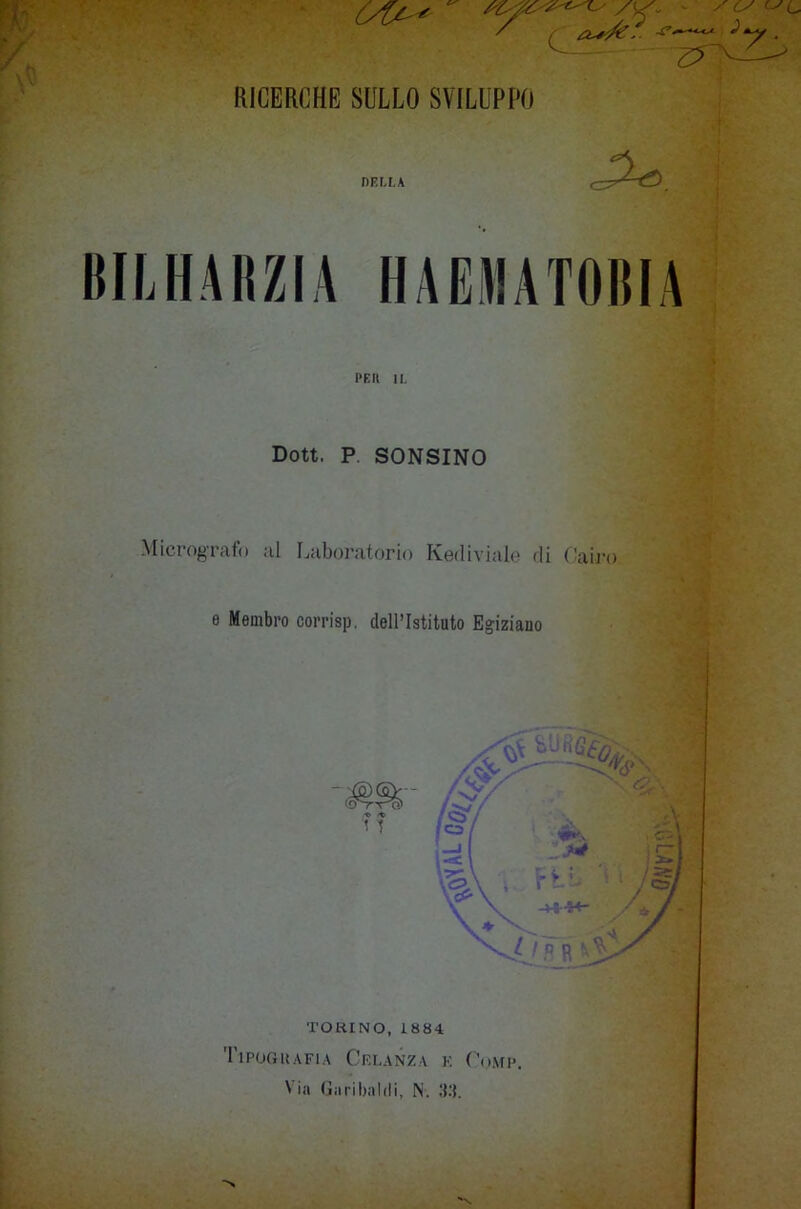 C4A* /ss- RICERCHE SULLO SVILUPPO deità PEII 11. Dott. P SONSINO Micrografo al Laboratorio Kediviale di Cairo e Membro corrisp. dell’Istituto Egiziano TORINO, 1884 Tipografia Cpranza k Comi*.