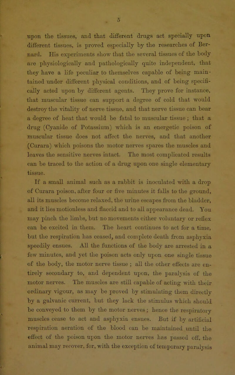 upon the tissues, and that different drugs act specially upon different tissues, is proved especially by the researches of Ber- nard. His experiments show that the several tissues of the body are physiologically and pathologically quite independent, that they have a life peculiar to themselves capable of being main - tained under different physical conditions, and of being specifi- cally acted upon by different agents. They prove for instance, that muscular tissue can support a degree of cold that would destroy the vitality of nerve tissue, and that nerve tissue can bear a degree of heat that would be fatal to muscular tissue ; that a drug (Cyanide of Potassium) which is an energetic poison of muscular tissue does not affect the nerves, and that another (Curara) which poisons the motor nerves spares the muscles and leaves the sensitive nerves intact. The most complicated results can be traced to the action of a drug upon one single elementary tissue. If a small animal such as a rabbit is inoculated with a drop of Cui-ara poison, after four or five minutes it falls to the ground, all its muscles become relaxed, the urine escapes from the bladder, and it lies motionless and flaccid and to all appearance dead. You may pinch the limbs, but no movements either voluntary or reflex can be excited in them. The heart continues to act for a time, but the respiration has ceased, and complete death from asphyxia speedily ensues. All the functions of the body are arrested in a few minutes, and yet the poison acts only upon one single tissue of the body, the motor nerve tissue ; all the other effects are en- tirely secondary to, and dependent upon, the paralysis of the motor nerves. The muscles are still capable of acting with their ordinary vigour, as may be proved by stimulating them directly by a galvanic current, but they luck the stimulus which should be conveyed to them by the motor nerves; hence the respiratory muscles cease to act and asphyxia ensues. But if by artificial respiration aeration of the blood can be maintained until the effect of the poison upon the motor nerves has passed off, the animal may recover, for, with the exception of temporary parulysis