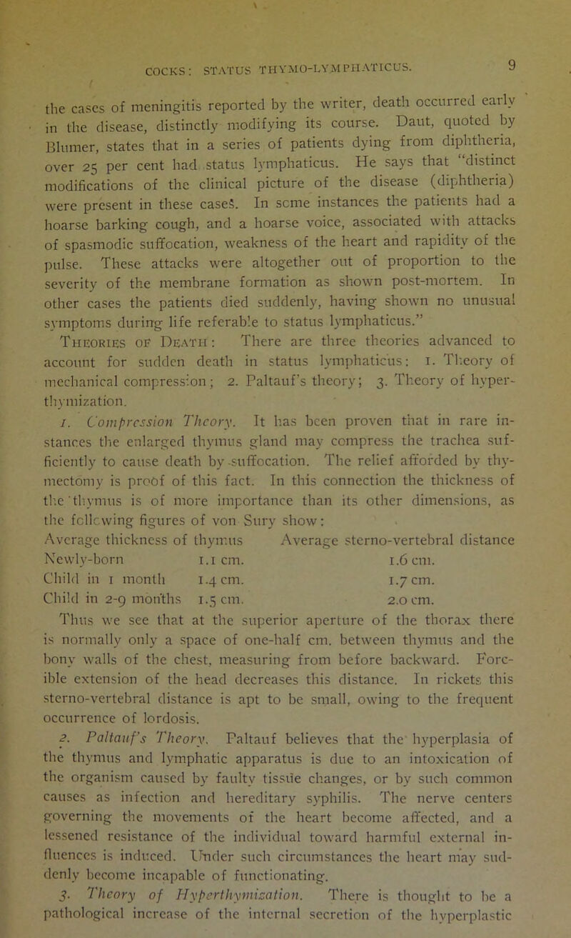 the cases of meningitis reported by the writer, death occurred eailv in the disease, distinctly modifying its course. Daut, quoted by Blumer, states that in a series of patients dying from diphtheria, over 25 per cent had status Ivmphaticus. He says that “distinct modifications of the clinical picture of the disease (diphtheria) were present in these cases. In seme instances the patients had a hoarse barking cough, and a hoarse voice, associated with attacks of spasmodic suffocation, weakness of the heart and rapidity of the pulse. These attacks were altogether out of proportion to the severity of the membrane formation as shown post-mortem. In other cases the patients died suddenly, having shown no unusual symptoms during life referable to status lymphaticus.” Theories of Death: There are three theories advanced to account for sudden death in status lymphaticus: x. Theory of mechanical compression; 2. Paltauf's theory; 3. Theory of hyper- thymization. 1. Compression Theory. It has been proven that in rare in- stances the enlarged thymus gland may compress the trachea suf- ficiently to cause death by-suffocation. The relief afforded by thy- mectomy is proof of this fact. In this connection the thickness of the thymus is of more importance than its other dimensions, as the following figures of von Sury show: Average thickness of thymus Average sterno-vertebral distance Newly-born 1.1 cm. 1.6 cm. Child in 1 month 1.4 cm. 1.7 cm. Child in 2-9 months 1.5 cm. 2.0 cm. Thus we see that at the superior aperture of the thorax there is normally only a space of one-half cm. between thymus and the bony walls of the chest, measuring from before backward. Forc- ible extension of the head decreases this distance. In rickets this sterno-vertebral distance is apt to be small, owing to the frequent occurrence of lordosis. 2. Paltauf's Theory. Paltauf believes that the hyperplasia of the thymus and lymphatic apparatus is due to an intoxication of the organism caused by faulty tissue changes, or by such common causes as infection and hereditary syphilis. The nerve centers governing the movements of the heart become affected, and a lessened resistance of the individual toward harmful external in- fluences is induced. Under such circumstances the heart may sud- denly become incapable of functionating. 3- Theory of Hypsrthymisation. There is thought to he a pathological increase of the internal secretion of the hyperplastic