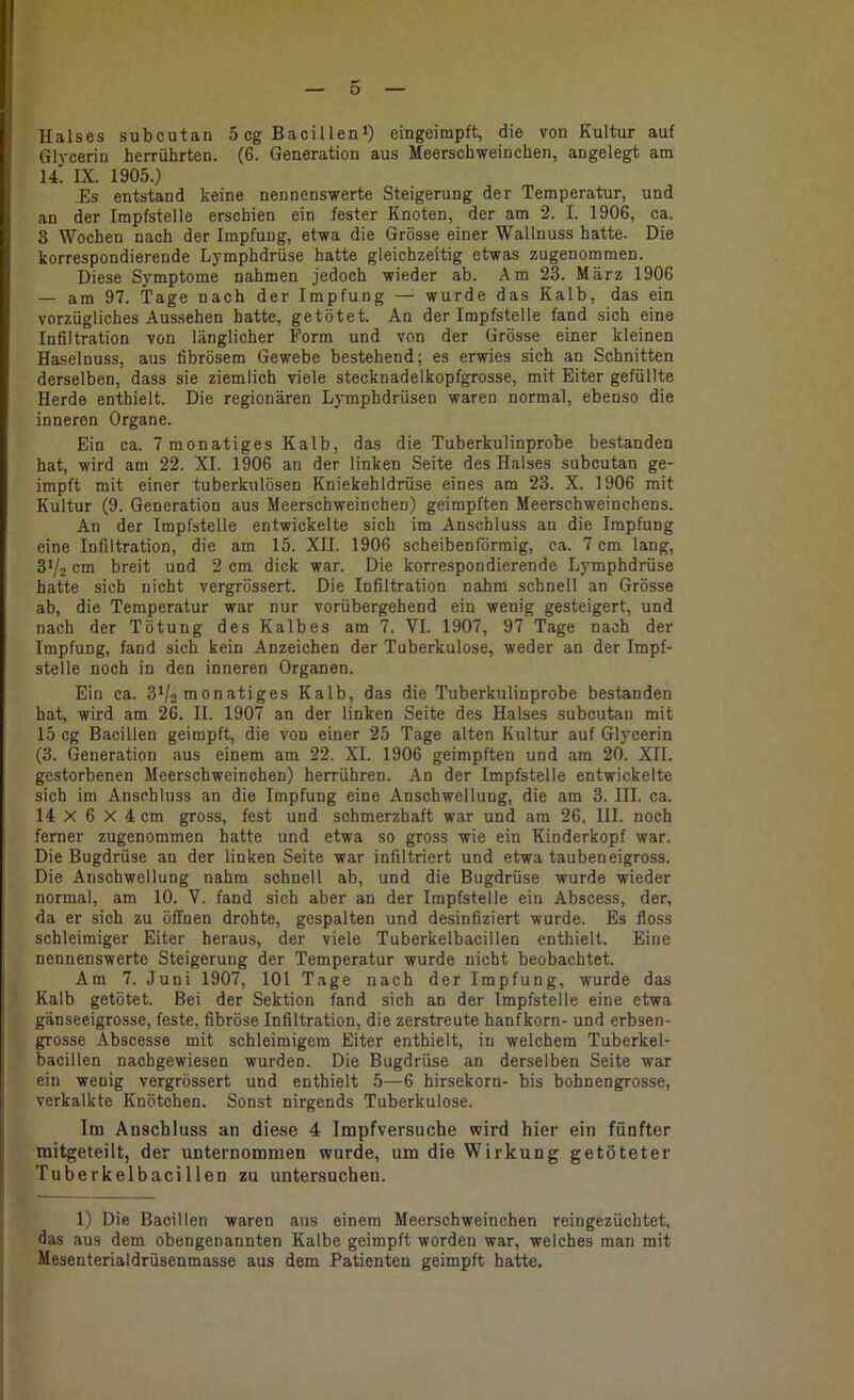 Halses subcutan 5 cg Bacillen^) eingeimpft, die von Kultur auf Glycerin herrührten. (6. Generation aus Meerschweinchen, angelegt am 14. IX. 1905.) Es entstand keine nennenswerte Steigerung der Temperatur, und an der Impfstelle erschien ein fester Knoten, der am 2. I. 1906, ca. 3 Wochen nach der Impfung, etwa die Grösse einer Wallnuss hatte. Die korrespondierende Lymphdrüse hatte gleichzeitig etwas zugenommen. Diese Symptome nahmen jedoch wieder ab. Am 23. März 1906 — am 97. Tage nach der Impfung — wurde das Kalb, das ein vorzügliches Aussehen hatte, getötet. An der Impfstelle fand sich eine Infiltration von länglicher Form und von der Grösse einer kleinen Haselnuss, aus fibrösem Gewebe bestehend; es erwies sich an Schnitten derselben, dass sie ziemlich viele stecknadelkopfgrosse, mit Eiter gefüllte Herde enthielt. Die regionären Lymphdrüsen waren normal, ebenso die inneren Organe. Ein ca. 7 monatiges Kalb, das die Tuberkulinprobe bestanden hat, wird am 22. XI. 1906 an der linken Seite des Halses subcutan ge- impft mit einer tuberkulösen Kniekehldrüse eines am 23. X. 1906 mit Kultur (9. Generation aus Meerschweinchen) geimpften Meerschweinchens. An der Impfstelle entwickelte sich im Anschluss an die Impfung eine Infiltration, die am 15. XII. 1906 scheibenförmig, ca. 7 cm lang, 3V2 cm breit und 2 cm dick war. Die korrespondierende Lymphdrüse hatte sich nicht vergrössert. Die Infiltration nahm .schnell an Grösse ab, die Temperatur war nur vorübergehend ein wenig gesteigert, und nach der Tötung des Kalbes am 7. VI. 1907, 97 Tage nach der Impfung, fand sich kein Anzeichen der Tuberkulose, weder an der Impf- stelle noch in den inneren Organen. Ein ca. SVc monatiges Kalb, das die Tuberkulinprobe bestanden hat, wird am 26. II. 1907 an der linken Seite des Halses subcutan mit 15 cg Bacillen geimpft, die von einer 25 Tage alten Kultur auf Glycerin (3. Generation aus einem am 22. XL 1906 geimpften und am 20. XII. gestorbenen Meerschweinchen) herrühren. An der Impfstelle entwickelte sich im Anschluss an die Impfung eine Anschwellung, die am 3. III. ca. 14 X 6 X 4 cm gross, fest und schmerzhaft war und am 26. III. noch ferner zugenommen hatte und etwa so gross wie ein Kinderkopf war. Die Bugdrüse an der linken Seite war infiltriert und etwa tauben eigross. Die Anschwellung nahm schnell ab, und die Bugdrüse wurde wieder normal, am 10. V. fand sieb aber an der Impfstelle ein Abscess, der, da er sich zu öffnen drohte, gespalten und desinfiziert wurde. Es floss schleimiger Eiter heraus, der viele Tuberkelbacillen enthielt. Eine nennenswerte Steigerung der Temperatur wurde nicht beobachtet. Am 7. Juni 1907, 101 Tage nach der Impfung, wurde das Kalb getötet. Bei der Sektion fand sich an der Impfstelle eine etwa gänseeigrosse, feste, fibröse Infiltration, die zerstreute hanfkorn- und erbsen- grosse Abscesse mit schleimigem Eiter enthielt, in welchem Tuberkel- bacillen naebgewiesen wurden. Die Bugdrüse an derselben Seite war ein wenig vergrössert und enthielt 5—6 hirsekorn- bis bohnengrosse, verkalkte Knötchen. Sonst nirgends Tuberkulose. Im Anschluss an diese 4 Impfversuche wird hier ein fünfter mitgeteilt, der unternommen wurde, um die Wirkung getöteter Tuberkelbacillen zu untersuchen. 1) Die Bacillen waren aus einem Meerschweinchen reingezüchtet, das aus dem obengenannten Kalbe geimpft worden war, welches man mit Mesenterialdrüsenmasse aus dem Patienten geimpft hatte.