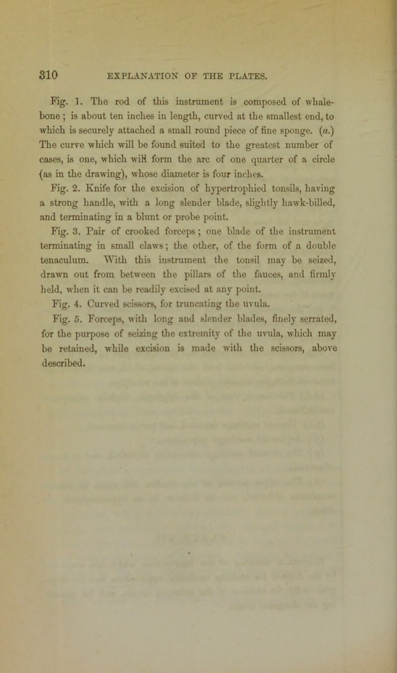 Fig. ]. The rod of this instrument is composed of whale- bone ; is about ten inches in length, curved at the smallest end, to which is securely attached a small round piece of fine sponge. («.) The curve which will be found suited to the greatest number of cases, is one, which wiH form the arc of one quarter of a circle (as in the drawing), whose diameter is four inches. Fig. 2. Knife for the excision of hypertrophied tonsils, having a strong handle, witli a long slender blade, slightly hawk-billed, and terminating in a blunt or probe point. Fig. 3. Pair of crooked forceps; one blade of the instrument terminating in small claws; tlie other, of the form of a double tenaculum. With this instrument the tonsil may be seized, drawn out from between the pillars of the fauces, and firmly held, when it can be readily excised at any point. Fig. 4. Curved scissors, for truncating the uvula. Fig. 5. Forceps, with long and slender blades, finely serrated, for the purpose of seizing the extremity of the uvula, which may bo retained, while excision is made with the scissors, above described.