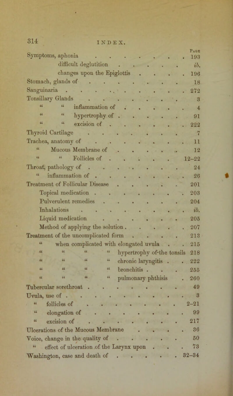 Symptoms, aphonia .... Page . 193 difficult deglutition • ib. changes upon the Epiglottis • • . 196 Stomach, glands of • 18 Sanguinaria . . . .. • . • • . 272 Tonsillary Glands ..... 3 “ “ inflammation of 4 “ “ hypertrophy of . 91 “ “ excision of . • • . 222 Thyroid Cartilage ..... 7 Trachea, anatomy of .... • 11 “ Mucous Membrane of . . . 12 “ “ Follicles of . 12-22 Throat, pathology of . . . . 24 “ inflammation of . • • . 20 Treatment of Follicular Disease 201 Topical medication .... • « . 203 Pulverulent remedies .... 204 Inhalations . ib. Liquid medication .... 205 Method of applying the solution . • • . 207 Treatment of the uncomplicated form 213 “ when complicated with elongated uvula . 215 “ “ “ “ hypertrophy of'the tonsils 218 “ “ “ “ chronic laryngitis . . 222 “ “ “ “ bronchitis . • 256 “ “  “ pulmonary phthisis . 260 Tubercular sorethroat ..... 49 Uvula, use of . 3 “ follicles of • . 2-21 “ elongation of ... . • • . 99 “ excision of • 217 Ulcerations of the Mucous Membrane • ■ . 30 Voice, change in the quality of . . . 60 “ effect of ulceration of the Larynx upon • • 73 Washington, case and death of . . . • . 32-34