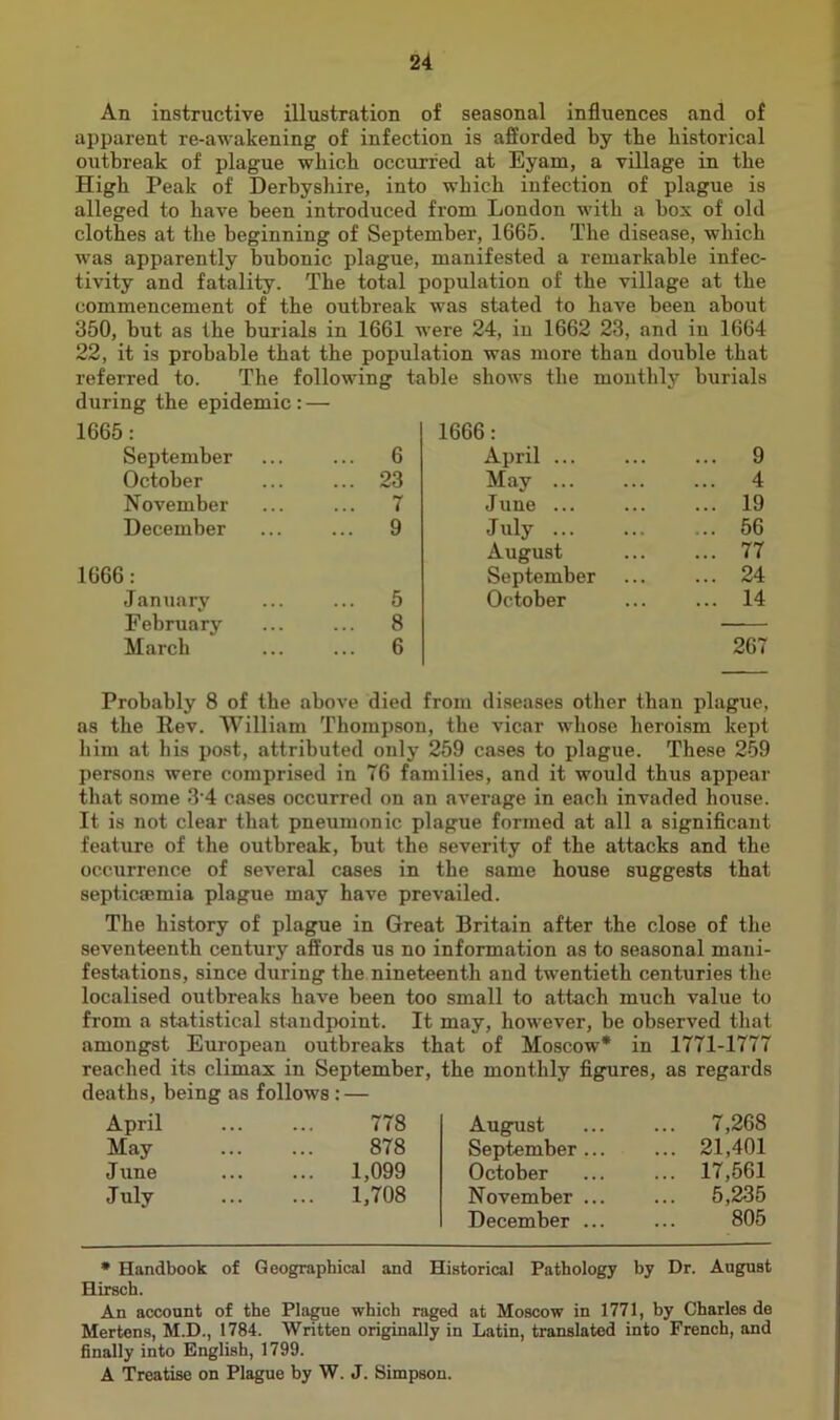 An instructive illustration of seasonal influences and of apparent re-awakening of infection is afforded by the historical outbreak of plague which occurred at Eyam, a village in the High Peak of Derbyshire, into which infection of plague is alleged to have been introduced from London with a box of old clothes at the beginning of September, 1665. The disease, which was apparently bubonic plague, manifested a remarkable infec- tivity and fatality. The total population of the village at the commencement of the outbreak was stated to have been about 350, but as the burials in 1661 were 24, in 1662 23, and in 1664 22, it is probable that the population was more than double that referred to. The following table shows the monthly burials during the epidemic : — 1665: September October November December 1666: January February March 6 23 7 9 5 8 6 1666: April ... May ... June ... July ... August September October ... 9 ... 4 ... 19 ... 56 ... 77 ... 24 ... 14 267 Probably 8 of the above died from diseases other than plague, as the Rev. William Thompson, the vicar whose heroism kept him at his post, attributed only 259 cases to plague. These 259 persons were comprised in 76 families, and it would thus appear that some 3'4 cases occurred on an average in each invaded hoiise. It is not clear that pneumonic plague formed at all a significant feature of the outbreak, but the severity of the attacks and the occurrence of several cases in the same house suggests that septicmmia plague may have prevailed. The history of plague in Great Britain after the close of the seventeenth century affords us no information as to seasonal mani- festations, since during the nineteenth and twentieth centuries the localised outbreaks have been too small to attach much value to from a statistical standpoint. It may, however, be observed that amongst European outbreaks that of Moscow* in 1771-1777 reached its climax in September, the monthly figures, as regards deaths, being as follows : — April 778 August ... 7,268 May 878 September ... ... 21,401 June ... 1,099 October ... 17,561 July ... 1,708 November ... ... 5,235 December ... 805 • Handbook of Geographical and Historical Pathology by Dr. August Hirsch. An account of the Plague which raged at Moscow in 1771, by Charles de Mertens, M.D., 1784. Written originally in Latin, translated into French, and finally into English, 1799. A Treatise on Plague by W. J. Simpson.