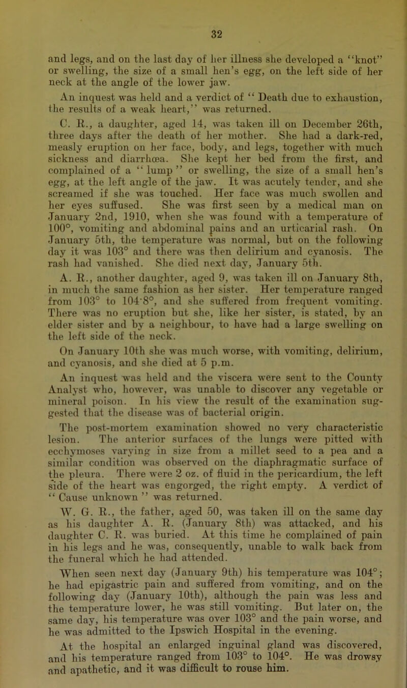 and legs, and on the last day of her illness she developed a “knot” or swelling, the size of a small hen’s egg, on the left side of her neck at the angle of the lower jaw. An inquest was held and a verdict of “ Death due to exhaustion, the results of a weak heart,” was returned. C. R., a daugliter, aged 14, was taken ill on December 26th, three days after the death of her mother. She had a dark-red, measly eruption on her face, body, and legs, together with much sickness and diarrhoea. She kept her bed from the first, and complained of a “ lump ” or swelling, the size of a small hen’s egg, at the left angle of the jaw. It was acutely tender, and she screamed if she was touched. Her face was much swollen and her eyes suffused. She was first seen by a medical man on January 2nd, 1910, when she was found with a temperature of 100°, vomiting and abdominal pains and an urticarial rash. On January 5th, the temperature was normal, but on the following day it was 103° and there was then delirium and cyanosis. The rash had vanished. She died next day, January 5th. A. R., another daughter, aged 9, was taken ill on January 8th, in much the same fashion as her sister. Her temperature ranged from 103° to 104’8°, and she suft'ered from frequent vomiting. There was no eruption but she, like her sister, is stated, by an elder sister and by a neighbour, to have had a large swelling on the left side of the neck. On January 10th she was much worse, with vomiting, delirium, and cyanosis, and she died at 5 p.m. An inquest was held and the viscera were sent to the Coiinty Analyst who, however, was unable to discover any vegetable or mineral poison. In his view the result of the examination s\ig- gested that the disease was of bacterial origin. 'The post-mortem examination showed no very characteristic lesion. The anterior surfaces of the lungs were pitted with ecchymoses varying in size from a millet seed to a pea and a similar condition was observed on the diaphragmatic surface of the pleura. There were 2 oz. of fluid in the pericardium, the left side of the heart was engorged, the right empty. A verdict of “ Cause unknown ” was returned. W. G. R., the father, aged 50, was taken ill on the same day as his daughter A. R. (January 8th) was attacked, and his daiighter C. R. was buried. At this time he complained of pain in his legs and he was, consequently, unable to walk back from the funeral which he had attended. When seen next day (January 9th) his temperature was 104°; he had epigastric pain and suffered from vomiting, and on the following day (January 10th), although the pain was less and the temperature lower, he was still vomiting. But later on, the same day, his temperature was over 103° and the pain worse, and he was admitted to the Ipswich Hospital in the evening. At the hospital an enlarged inguinal gland was discovered, and his temperature ranged from 103° to 104°. He was drowsy and apathetic, and it was difficult to rouse him.