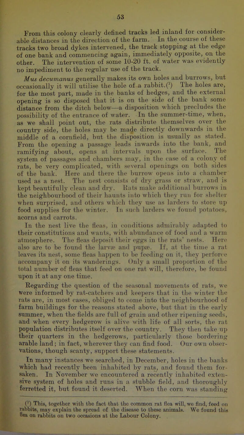 From this colony clearly defined tracks led inland for consider- able distances in the direction of the farm. In the course of these tracks two broad dykes intervened, the track stopping at the edge of one bank and commencing again, immediately opposite, on the other. The intervention of some 10-20 ft. of water was evidently no impediment to the regular use of the track. Mils decumanus generally makes its own holes and burrows, but occasionally it will utilise the hole of a rabbit.(^) The holes are, for the most part, made in the banks of hedges, and the external opening is so disposed that it is on the side of the bank some distance from the ditch below—a disposition which precludes the possibility of the entrance of water. In the summer-time, when, as we shall point out, the rats distribute themselves over the country side, the holes may be made directly downwards in the middle of a cornfield, but the disposition is usually as stated. From the opening a passage leads inwards into the bank, and ramifying about, opens at intervals upon the surface. The system of passages and chambers may, in the case of a colony of rats, be very complicated, witli several openings on both sides of the bank. Here and there the burrow opens into a chamber used as a nest. The nest consists of dry grass or straw, and is kept beautifully clean and dry. Hats make additional burrows in the neighbourhood of their haunts into which they run for shelter when surprised, and others which they use as larders to store iip food supplies for the winter. In such larders we found potatoes, acorns and carrots. In the nest live the fleas, in conditions admirably adapted to their constitutions and wants, with abundance of food and a warm atmosphere. The fleas deposit their eggs in the rats’ ne.sts. Here also are to be found the larvae and pupae. If, at the time a rat leaves its nest, some fleas happen to be feeding on it, they perfor< e accompany it on its wanderings. Only a small proportion of the total number of fleas that feed on one rat will, therefore, be found upon it at any one time. Regarding the question of the seasonal movements of rats, we were informed by rat-catchers and keepers that in the winter the rats are, in most cases, obliged to come into the neighbourhood of farm buildings for the reasons stated above, but that in the early summer, when the fields are full of grain and other ripening seeds, and when every hedgerow is alive with life of all sorts, the rat population distributes itself over the country. They then take uj) their quarters in the hedgerows, particularly those bordering arable land; in fact, wherever they can find food. Our own obser- vations, though scanty, support these statements. In many instances we searched, in December, holes in the banks which had recently been inhabited by rats, and found them for- saken. In November we encountered a recently inhabited exten- sive system of holes and runs in a stubble field, and thorouglily ferretted it, but found it deserted. When the corn was standing (') Thia, together with the fact that the common rat flea will, we find, feed on rabhits, may explain the spread of the disease to these animals. We found this flea on rabbits on two occasions at the Labour Colony.