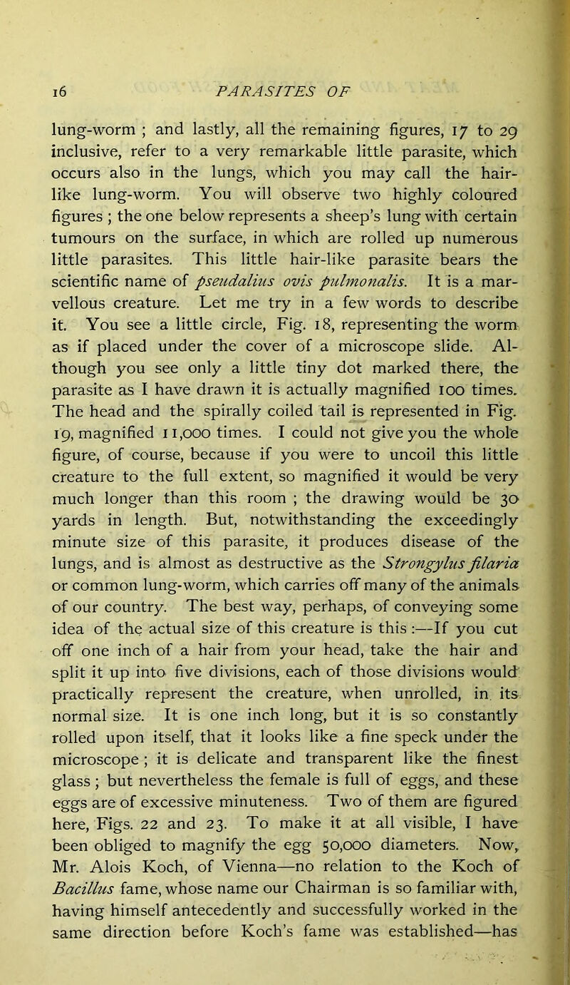 lung-worm ; and lastly, all the remaining figures, 17 to 29 inclusive, refer to a very remarkable little parasite, which occurs also in the lungs, which you may call the hair- like lung-worm. You will observe two highly coloured figures ; the one below represents a sheep’s lung with certain tumours on the surface, in which are rolled up numerous little parasites. This little hair-like parasite bears the scientific name of pseudalius ovis pulmonalis. It is a mar- vellous creature. Let me try in a few words to describe it. You see a little circle. Fig. 18, representing the worm as if placed under the cover of a microscope slide. Al- though you see only a little tiny dot marked there, the parasite as I have drawn it is actually magnified 100 times. The head and the spirally coiled tail is represented in Fig. 19, magnified 11,000 times. I could not give you the whole figure, of course, because if you were to uncoil this little creature to the full extent, so magnified it would be very ^ much longer than this room ; the drawing would be 30 ^ yards in length. But, notwithstanding the exceedingly | minute size of this parasite, it produces disease of the ^ lungs, and is almost as destructive as the Strongylus filaria « or common lung-worm, which carries off many of the animals I of our country. The best way, perhaps, of conveying some | idea of the actual size of this creature is this :—If you cut off one inch of a hair from your head, take the hair and ii, split it up into five divisions, each of those divisions would 4! practically represent the creature, when unrolled, in, its 1 normal size. It is one inch long, but it is so constantly rolled upon itself, that it looks like a fine speck under the ij microscope; it is delicate and transparent like the finest :| glass ; but nevertheless the female is full of eggs, and these 'I eggs are of excessive minuteness. Two of them are figured ‘| here. Figs. 22 and 23. To make it at all visible, I have 'j been obliged to magnify the egg 50,000 diameters. Now, Mr. Alois Koch, of Vienna—no relation to the Koch of - i' Bacillus fame, whose name our Chairman is so familiar with, ' > having himself antecedently and successfully worked in the same direction before Koch’s fame was established—has ^