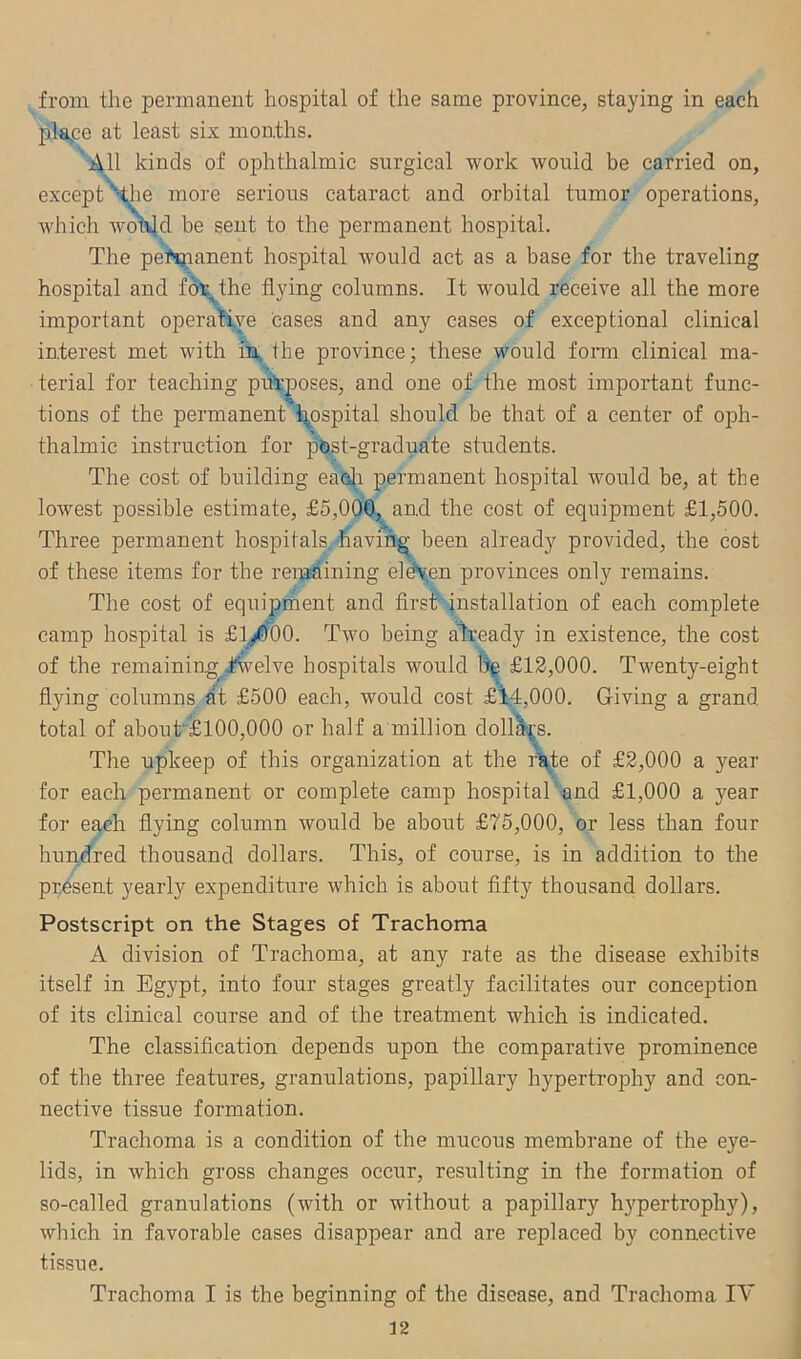 from the permanent hospital of the same province, staying in each plape at least six months. All kinds of ophthalmic surgical work would be carried on, except N.lie more serious cataract and orbital tumor operations, which wo'hld be sent to the permanent hospital. The pefmanent hospital would act as a base for the traveling hospital and for^the flying columns. It would receive all the more important operative cases and any cases of exceptional clinical interest met with in. the province; these would fonn clinical ma- terial for teaching pul-|)oses, and one of the most important func- tions of the permanent i^ospital should be that of a center of oph- thalmic instruction for post-graduate students. The cost of building eadi permanent hospital would be, at the lowest possible estimate, £5,000, and the cost of equipment £1,500. Three permanent hospitals, having been already provided, the cost of these items for the remaining eleven provinces only remains. The cost of equipment and first installation of each complete camp hospital is £ly0OO. Two being already in existence, the cost of the remaining iivelve hospitals would bp £12,000. Twenty-eight flying columns at £500 each, would cost £l4,000. Giving a grand total of about'£100,000 or half a million dollars. The upkeep of this organization at the ra.te of £2,000 a year for each permanent or complete camp hospital and £1,000 a year for each flying column would be about £75,000, or less than four hundred thousand dollars. This, of course, is in addition to the present yearly expenditure which is about fifty thousand dollars. Postscript on the Stages of Trachoma A division of Trachoma, at any rate as the disease exhibits itself in Egypt, into four stages greatly facilitates our conception of its clinical course and of the treatment which is indicated. The classification depends upon the comparative prominence of the three features, granulations, papillary hypertrophy and con- nective tissue formation. Trachoma is a condition of the mucous membrane of the eye- lids, in which gross changes occur, resulting in the formation of so-called granulations (with or without a papillary h}^pertrophy), which in favorable cases disappear and are replaced by connective tissue. Trachoma I is the beginning of the disease, and Trachoma IV