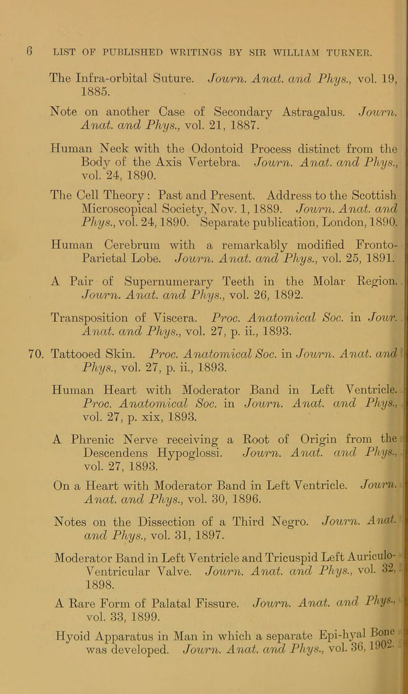 The Infra-orbital Suture. Journ. Anat. and Phys., vol. 19, 1885. Note on another Case of Secondary Astragalus. Journ. Anat. and Phys., vol. 21, 1887. Human Neck with the Odontoid Process distinct from the Body of the Axis Vertebra. Journ. Anat. and Phys., vol. 24, 1890. The Cell Theory: Past and Present. Address to the Scottish Microscopical Society, Nov. 1,1889. Journ. Anat. and Phys., vol. 24,1890. Separate publication, London, 1890. Human Cerebrum with a remarkably modified Fronto- Parietal Lobe. Journ. Anat. and Phys., vol. 25, 1891. A Pair of Supernumerary Teeth in the Molar Region. Journ. Anat. and Phys., vol. 26, 1892. Transposition of Viscera. Proc. Anatomical Soc. in Jour. Anat. and Phys., vol. 27, p. ii., 1893. 70. Tattooed Skin. Proc. Anatomical Soc. in .Journ. Anat. and Phys., vol. 27, p. ii., 1893. Human Heart with Moderator Band in Left Ventricle. Proc. Anatomical Soc. in Journ. Anat. and Phys., vol. 27, p. xix, 1893. A Phrenic Nerve receiving a Root of Origin from the Descendens HypoHossi. Journ. Anat. and Phys., vol. 27, 1893. On a Heart with Moderator Band in Left Ventricle. Joio't'n. Anat. and Phys., vol. 30, 1896. Notes on the Dissection of a Third Negro. Journ. Anat. and Phys., vol. 31, 1897. Moderator Band in Left Ventricle and Tricuspid Left Auriculo- Ventricular Valve. Journ. Anat. and Phys., vol. 32, 1898. A Rare Form of Palatal Fissure. Journ. Anat. and Phys., vol. 33, 1899. Hyoid Apparatus in Man in which a separate Epi-hyal Bwie was developed. Journ. Anat. and Phys., vol. 36,190-