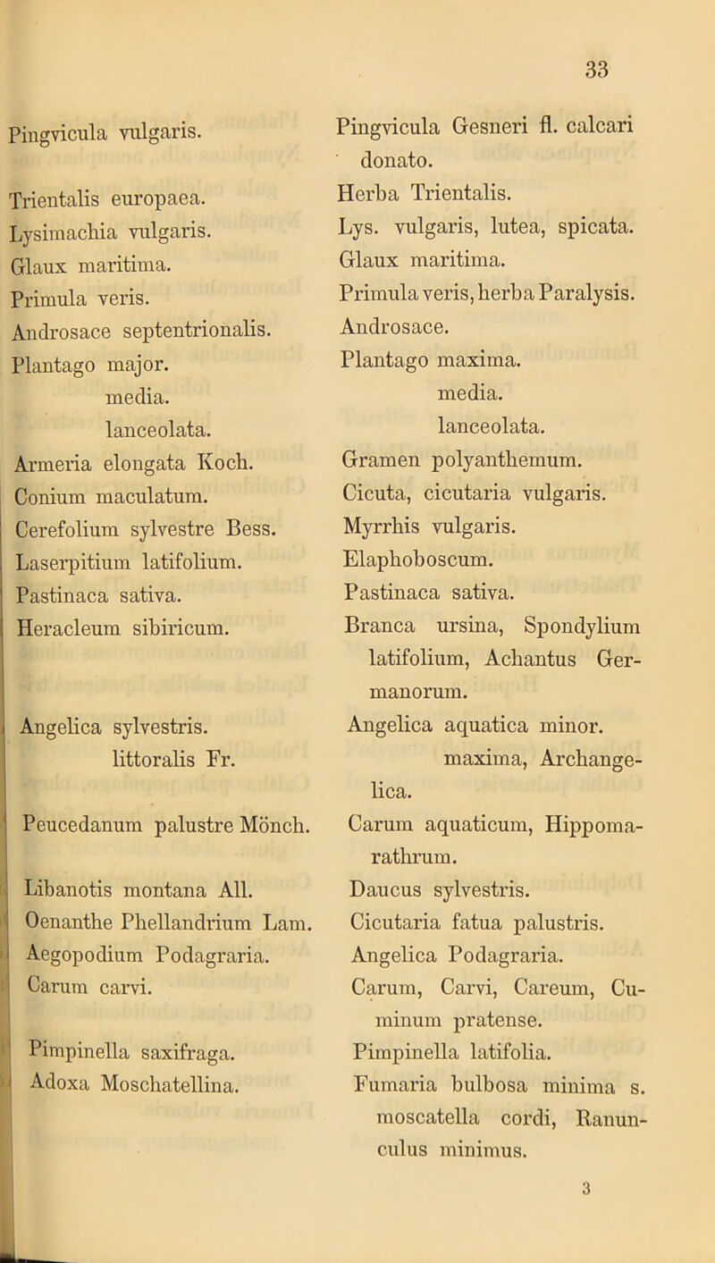 Pingvicula Yulgaris. Trieutalis europaea. Lysimacliia vnlgaris. Glaux maritima. Primula veris. Aiidrosace septentrionalis. Plantago major. media. lanceolata. Armeiåa elongata Koch. Conium maculatum. Cerefolium sylvestre Bess. Laserpitium latifolium. Pastinaca sativa. Heracleum sibiricum. I Angelica sylvestris. littoralis Fr. Peucedanum palustre Mönch. i Libanotis montana All. I* Oenantbe Pbellandrium Lam. > Aegopodium Podagraria. Carum carvi. Pimpinella saxifraga. Adoxa Moschatellina. Pingvicula Gesneri fl. calcari donato. Herba Trientalis. Lys. vulgaris, lutea, spicata. Glaux maritima. Primula veris, herba Paralysis. Audrosace. Plantago maxima, media, lanceolata. Gramen polyanthemum. Cicuta, cicutaria vulgaris. Myrrhis vulgaris. Elapboboscum. Pastinaca sativa. Branca ursina, Spondylium latifolium, Acbantus Ger- manorum. Angelica aquatica minor. maxima, Archange- lica. Carum aquaticum, Hippoma- ratbrum. Daucus sylvestris. Cicutaria fatua palustris. Angelica Podagraria. Carum, Carvi, Careum, Cu- minum pratense. Pimpinella latifolia. Fumaria bulbosa minima s. raoscatella cordi, Ranun- culus minimus. 3