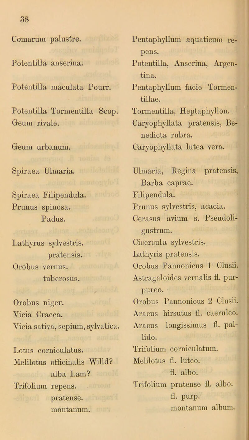 Comanim palustre. Poteutilla anseiina. Potentilla maculata Pourr. Poteutilla Tormentilla Scop. Geura rivale. Geum urbanum. Spiraea Ulmaria. Spiraea Filipenclula. Pruuus spinosa. Padus. Lathyrus sylvestris. pratensis. Orobus vernus. tuberosus. Orobus niger. Vicia Cracca. Vicia sativa, sepium, sylvatica. Lotus corniculatus. Melilotus officinalis Wilkl? alba Lam? Trifolium repens. pi-atense. montanum. Pentapbyllura aquaticum re- pens. Potentilla, Anserina, Argen- | tina. 1 Pentapbyllum facie Tormen- j tillae. ; Tormentilla, Heptapbyllon. Caryopbyllata pratensis, Be- nedicta rubra. i Caryopbyllata lutea vera. j Ulmaria, Regina pratensis, Barba caprae. Filip endula. Prunus sylvestris, acacia. Cerasus avium s. Pseudoli- gustrum. Cicercula sylvestris. Lathyris pratensis. Orobus Pannonicus 1 Clusii. Astragaloides vernabs fl. pui- pureo. ! Orobus Pannonicus 2 Clusii. I Aracus hirsutus fl. caeruleo. i Aracus longissimus fl. pal- ; lido. Trifolium corniculatum. Melilotus fl. luteo. fl. albo. Trifolium pratense fl. albo. fl. purp. montanum album.