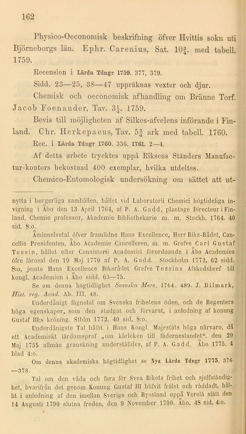 Physico-Oeconomisk beskrifning öfver Hvittis sokn uti Björneborgs län. Ephr. Carenius, Sat. 10|. med tabell. 1759. Recension i Lärda Tdngr 1759. 377, 379. Sidd. 23—25, 38—47 uppräknas vexter och djur. Chemisk och oeconomisk afhandling om Bränne Torf. Jacob Eoenander, Tav. 3*-. 1759. Bevis till möjligheten af Silkes-afvelens införande i Fin- land. Chr. Herkepaeus, Tav. 5f ark med tabell. 1760. Rec. i Lärda Tdngr 1760. 336. 1761. 2—4. Af detta arbete trycktes uppå Riksens Ständers Manufac- tur-kontors bekostnad 400 exemplar, hvilka utdeltes. Chemico-Entomologisk undersökning om sättet att ut- nylla i borgerliga samhällen, hållet vid Laboratorii Cliemici bögtideliga in- vigning i Abo den 13 April 1764, af b. A. Gadd, planlage Directeur i Fin- land, Chemie professor, Akademie Bibliolhekarie m. m. Slockli. 1764. 40 sid. 8:0. Åminnelsetal öfver framlidne Hans Excellence, Herr Riks-Rådet, Can- O cellie Presiflenlen. Abo Academie Cancelleren, m. m. Grefve Carl Gustaf o Tes sin, hållet efter Consistorii Academici förordnande i Abo Academies öfre lärosal den 19 Maj 1770 af P. A. Gadd. Stockholm 1772. 62 sidd. 8:0, jemle Hans Excellence Riksrådet Grefve T essi ns Afskedsbref till kongl. Academien i Abo sidd. 63—75. Se om denna högtidlighet Svenska Merc. 1764. 489. J. Eilmark, Hist. reg. Acad. Ab. III. 48. Underdånigt fägnetal om Svenska frihetens öden, och de Regenters höga egenskaper, som den stadgat och förvarat, i anledning af konung Gustaf lH:s kröning. Sthlm 1772. 40 sid. 8:o. Underdånigste Tal hållit i Hans Kongl. Majestäts höga närvaro, dä ett Academiskt lärdomsprof „om kärleken till fäderneslandet, den 29 Maj 1755 allmän granskning underställdes, af P. A. Gadd. Abo 1775. 4 blad 4:0. Om denna akademiska högtidlighet se Nya Lärda Tdngr 1775. 376 —378. Tal om den våda och fara för Svea Rikets frihet och sjelfständig- het, hvarifrån det genom Konung Gustaf IH blifvit frälst och räddadt, hål- lit i anledning af den imellan Sverige och Ryssland uppå Verelä slätt den 14 Augusti 1790 slutna freden, den 9 November 1790. .Abo. 48 sid. 4:o.