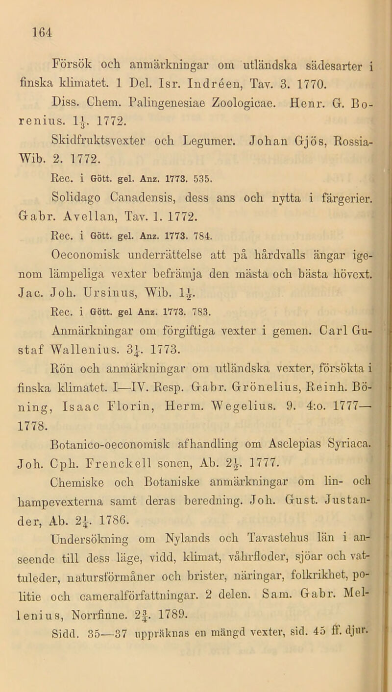 Försök och anmärkningar om utländska sädesarter i finska klimatet. 1 Del. Isr. In dr éen, Tav. 3. 1770. Diss. Chem. Palingenesiae Zoologicae. Henr. G. Bo- renius. 1J-. 1772. Skidfruktsvexter och Legumer. Johan Gjös, Rossia- Wib. 2. 1772. Rec. i Gött. gel. Anz. 1773. 535. Solidago Cauadensis, dess ans och nytta i färgerier. Gahr. Avellan, Tav. 1. 1772. Rec. i Gött. gel. Anz. 1773. 784. Oeconomisk underrättelse att på hårdvalls ängar ige- nom lämpeliga vexter befrätnja den mästa och bästa hövext. Jac. Joh. Ursiiius, Wib. li. Rec. i Gött. gel Anz. 1773. 783. Anmärkningar om förgiftiga vexter i gemen. Carl Gu- staf Wallenius. 3|. 1773. Rön och anmärkningar om utländska vexter, försökta i finska klimatet. I—IV. Resp. Gahr. Grönelius, Reinh. Bö- ning, Isaac Florin, Herm. Wegelius. 9. 4:o. 1777— 1778. Botanico-oeconomisk afhandling om Asclepias Syriaca. Joh. Cph. Frenckell sonen, Ab. 2.V. 1777. Chemiske och Botaniske anmärkningar om lin- och hampevexterna samt deras beredning. Joh. Gust. Justan- de r, Ab. 24-. 1786. Undersökning om Nylands och Tavastehus län i an- seende till dess läge, vidd, klimat, våhrfloder, sjöar och vat- tuleder, natursförmåner och brister, näringar, folkrikliet, po- litie och cameralförfattningar. 2 delen. Sam. Gahr. Mel- 1 eni US, Norrfinne. 2|. 1789. Sidd. 35—37 iippräkiins en mängd vexter, sid. 45 ff. djur. i i i