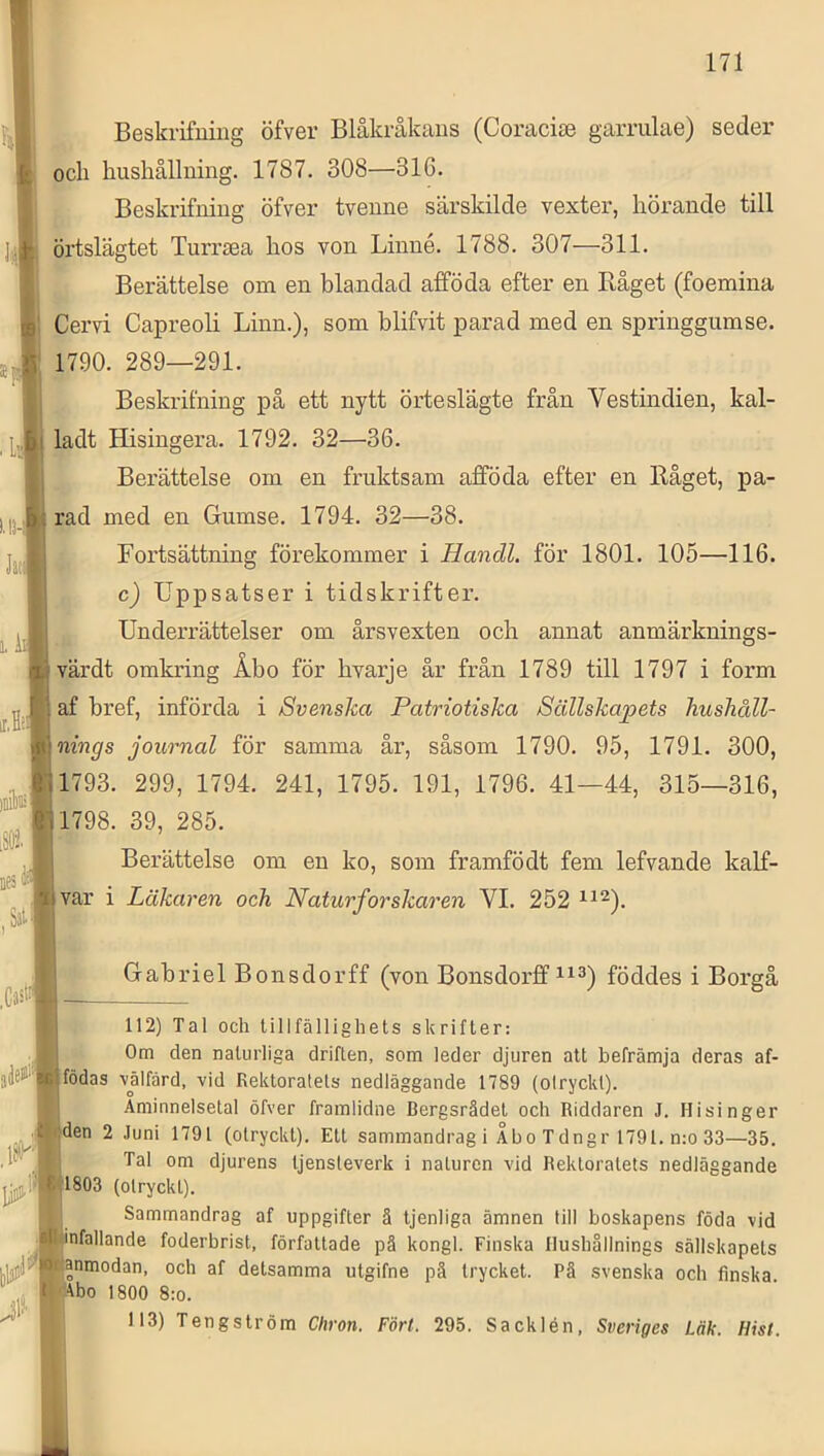 Beskrifuing öfver Blåkråkaus (Coracise garriilae) seder och hushållning. 1787. 308—316. Beskrifning öfver tvenne särskilde vexter, hörande till örtslägtet Turrjea hos von Linné. 1788. 307—311. Berättelse om en blandad afföda efter en Båget (foemina Cervi Capreoli Linn.), som blifvit parad med en springgumse. 1790. 289—291. Beskrifning på ett nytt örteslägte från Vestindien, kal- ladt Hisingera. 1792. 32—36. Berättelse om en fruktsam afföda efter en Båget, pa- rad med en Gumse. 1794. 32—38. Fortsättning förekommer i Handl. för 1801. 105—116. c) Uppsatser i tidskrifter. Underrättelser om årsvexten och annat anmärknings- värdt omkring Åbo för hvarje år från 1789 till 1797 i form af bref, införda i Svenska Patriotiska Sällskapets hushåll- nings journal för samma år, såsom 1790. 95, 1791. 300, 1793. 299, 1794. 241, 1795. 191, 1796. 41—44, 315—316, 1798. 39, 285. Berättelse om en ko, som framfödt fem lefvande kalf- var i Läkaren och Naturforskaren VI. 252 Gabriel Bonsdorff (von Bonsdorfif föddes i Borgå 112) Tal och lillfälligliets skrifter: Om den naturliga driften, som leder djuren alt befrämja deras af- födas välfärd, vid Rektoratets nedläggande 1789 (olryckl). Åminnelsetal öfver framlidne Bergsrådet och Riddaren J. Hisinger en 2 Juni 1791 (otryckt). Ett sammandrag i Åbo Tdngr 1791. n;o 33—35. Tal om djurens Ijensleverk i naturen vid Rektoratets nedläggande '1803 (otryckt). Sammandrag af uppgifter ä tjenliga ämnen till boskapens föda vid nfallande foderbrist, författade pä kongl. Finska Hushållnings sällskapets anmodan, och af detsamma utgifne pä trycket. Pä svenska och finska J4bo 1800 8:o. 113) Tengström Chron. Fört. 295. Sacklén, Sveriges Läk. Hist.