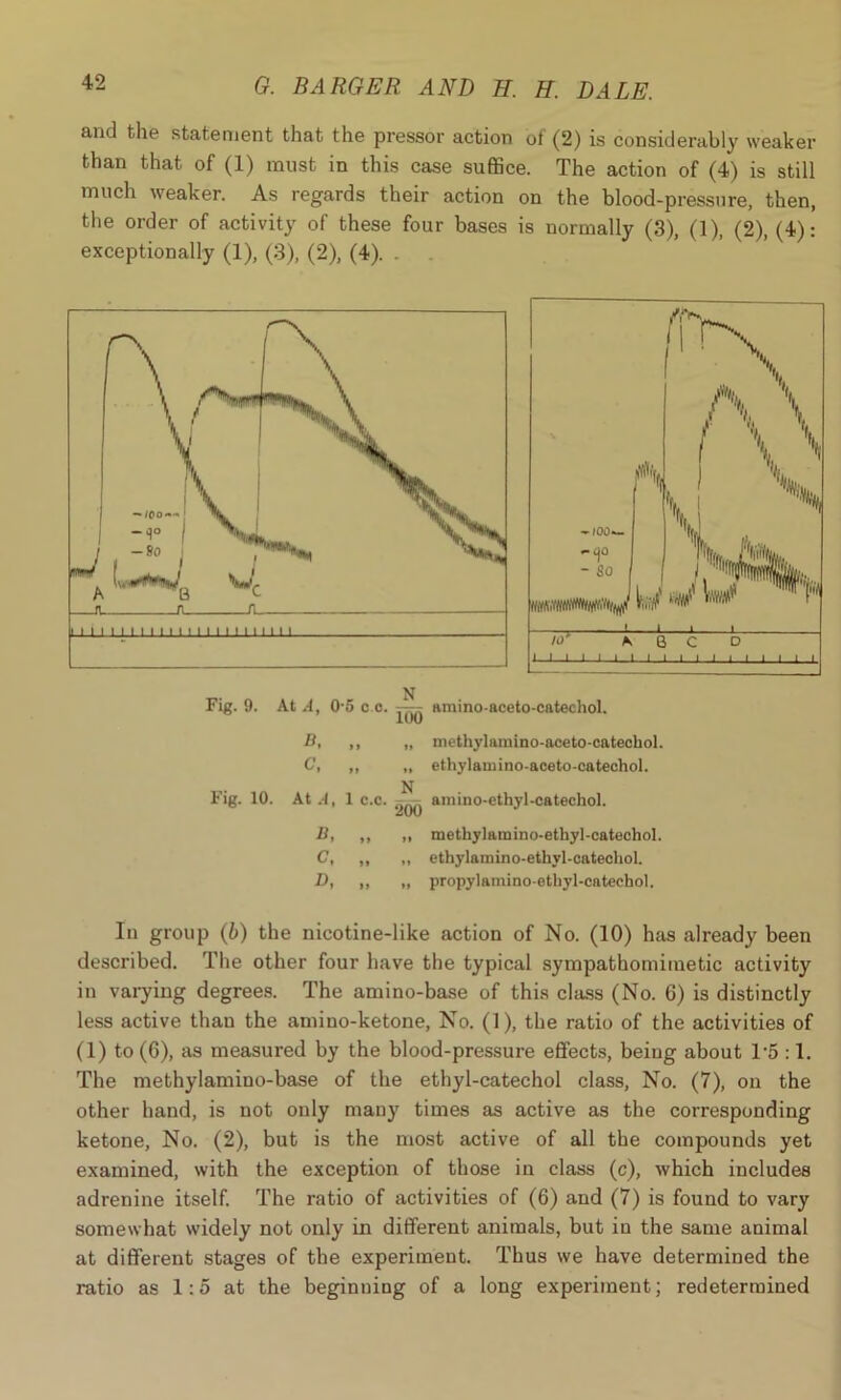 and the statement that the pressor action of (2) is considerably weaker than that of (1) must in this case suffice. The action of (4) is still much weaker. As regards their action on the blood-pressure, then, the order of activity of these four bases is normally (3), (1), (2), (4): exceptionally (1), (3), (2), (4). . Fig. 9. At .4, 0-5 c c. amino-aceto-catechol. B, ,, „ methylamino-aceto-catechol. C, ,, „ ethylamino-aceto-catechol. N Fig. 10. At A, 1 c.o. amino-ethyl-catechol. B, ,, „ methylamino-ethyl-catechol. C, ,, „ ethylamino-ethyl-catechol. D, ,, „ propylamino-ethyl-catechol. In group (b) the nicotine-like action of No. (10) has already been described. The other four have the typical sympathomimetic activity in varying degrees. The amino-base of this class (No. 6) is distinctly less active than the amino-ketone, No. (1), the ratio of the activities of (1) to (6), as measured by the blood-pressure effects, being about T5 :1. The methylamino-base of the ethyl-catechol class, No. (7), on the other hand, is not only many times as active as the corresponding ketone. No. (2), but is the most active of all the compounds yet examined, with the exception of those in class (c), which includes adrenine itself. The ratio of activities of (6) and (7) is found to vary somewhat widely not only in different animals, but iu the same animal at different stages of the experiment. Thus we have determined the ratio as 1:5 at the beginning of a long experiment; redetermined