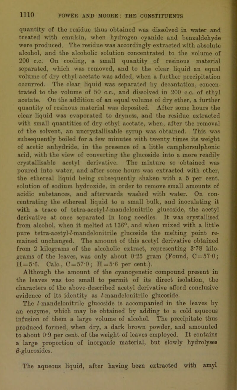 quantity of the residue thus obtained was dissolved in water and treated with emulsin, when hydrogen cyanide and benzaldehyde were produced. The residue was accordingly extracted with absolute alcohol, and the alcoholic solution concentrated to the volume of 200 c.c. On cooling, a small quantity of resinous material separated, which was removed, and to the clear liquid an equal volume of dry ethyl acetate was added, when a further precipitation occurred. The clear liquid was separated by decantation, concen- trated to the volume of 50 c.c., and dissolved in 200 c.c. of ethyl acetate. On the addition of an equal volume of dry ether, a further quantity of resinous material was deposited. After some hours the clear liquid was evaporated to dryness, and the residue extracted with small quantities of dry ethyl acetate, -when, after the removal of the solvent, an uncrystallisable syrup was obtained. This was subsequently boiled for a few minutes with twenty times its weight of acetic anhydride, in the presence of a little camphorsulphonic acid, with the view of converting the glucoside into a more readily crystallisable acetyl derivative. The mixture so obtained was poured into water, and after some hours was extracted with ether, the ethereal liquid being subsequently shaken with a 5 per cent, solution of sodium hydroxide, in order to remove small amounts of acidic substances, and afterwards washed with water. On con- centrating the ethereal liquid to a small bulk, and inoculating it with a trace of tetra-acetyl-7-mandelonitrile glucoside, the acetyl derivative at once separated in long needles. It was crystallised from alcohol, when it melted at 136°, and when mixed with a little pure tetra-acetyl-/-mandelonitrile glucoside the melting point re- mained unchanged. The amount of this acetyl derivative obtained from 2 kilograms of the alcoholic extract, representing 3 78 kilo- grams of the leaves, was only about 0 25 gram (Found, C = 57 0; H = 5'G. Calc., C = 57 0; 11 = 5 6 per cent.). Although the amount of the cyanogenetic compound present in the leaves wras too small to permit of its direct isolation, the characters of the above-described acetyl derivative afford conclusive evidence of its identity as 7-mandelonitrile glucoside. The 7-mandelonitrile glucoside is accompanied in the leaves by an enzyme, which may be obtained by adding to a cold aqueous infusion of them a large volume of alcohol. The precipitate thus produced formed, when dry, a dark brown powder, and amounted to about 0'9 per cent, of the weight of leaves employed. It contains a large proportion of inorganic material, but slowly hydrolyses /3-glucosides. The aqueous liquid, after having been extracted with amyl