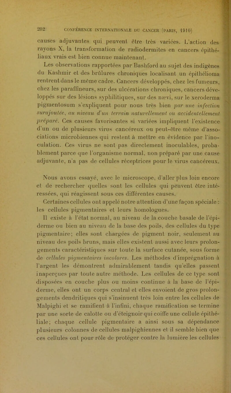 causes adjuvantes qui peuvent ôtre très variées. L’action des rayons X, la transformation de radiodermitcs en cancers épithé- liaux vrais est bien connue maintenant. Les observations rapportées par Bashford au sujet des indigènes du Kashmir et des brûlures chroniques localisant un épithélioma rentrent dans le même cadre. Cancers développés, chez les fumeurs, chez les paraffineurs, sur des ulcérations chroniques, cancers déve- loppés sur des lésions syphilitiques, sur des mevi, sur le xeroderma pigraentosum s’expliquent pour nous très bien par une infection surajoutée^ au niveau d'un terrain naturellement ou accidentellement !• préparé. Ces causes favorisantes si variées impliipient l’existence f d'un ou de plusieurs virus cancéreux ou peut-être même d’asso- t ciations microbiennes qui restent à mettre en évidence par l'ino- r culation. Ces virus ne sont pas directement inoculables, proba- } blement parce (jue l’organisme normal, non préparé par une cause adjuvante, n'a pas de cellules réceptrices pour le virus cancéreux. | r Nous avons essayé, avec le microscope, d’aller plus loin encore | et de rechercher quelles sont les cellules qui peuvent être inté- \ ressées, qui réagissent sous ces dilïérentes causes. Certaines cellules ont appelé notre attention d’une façon spéciale : V les cellules pigmentaires et leurs homologues. M 11 existe à l'état normal, au niveau de la couche basale de l’épi- j derme ou bien au niveau de la base des poils, des cellules du type r liigmentaire; elles sont chargées de pigment noir, seulement au . niveau des poils bruns, mais elles existent aussi avec leurs prolon- gements caractéristiques sur toute la surface cutanée, sous forme de cellules pûjmentaires incolores. Les méthodes d'imprégnation à l’argent les démontrent admirablement tandis qu’elles passent inaperçues par toute autre méthode. Les cellules de ce type sont disposées en couche plus ou moins continue à la base de l’épi- derme, elles ont un corps central et elles envoient de gros prolon- gements dendritiques qui s’insinuent très loin entre les cellules de Malpighi et se ramifient à l'infini, chaque ramification se termine par une sorte de calotte ou d’éteignoir qui coill'e une cellule épithé- liale; chaque cellule pigmentaire a ainsi sous sa dépendance plu.sieurs colonnes de cellules malpighiennes et il semble bien (pie ces cellules ont pour rcMe de protéger contre la lumière les cellules