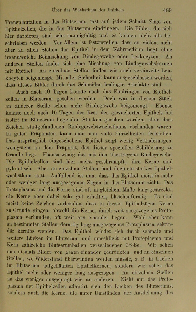 Transplantation in das Blutserum, fast auf jedem Schnitt Züge von Epithelzellen, die in das Blutserum eindringen. Die Bilder, die sich hier darbieten, sind sehr mannigfaltig und es können nicht alle be- schrieben werden. Vor Allem ist festzustellen, dass an vielen, nicht aber an allen Stellen das Epithel in dem Nährmedium liegt ohne irgendwelche Beimischung von Bindegewebe oder Leukocyten. An anderen Stellen findet sich eine Mischung von Bindegewebskernen mit Epithel. An einzelnen Stellen finden wir auch vereinzelte Leu- kocyten beigemengt. Mit aller Sicherheit kann ausgeschlossen werden, dass dieses Bilder durch das Schneiden bedingte Artefakte sind. Auch nach 10 Tagen konnte noch das Eindringen von Epithel- zellen in Blutserum gesehen werden. Doch war in diesem Stück an anderer Stelle schon mehr Bindegewebe beigemengt. Ebenso konnte noch nach 16 Tagen der Rest des gewucherten Epithels bei isolirt im Blutserum liegenden Stücken gesehen werden, ohne dass Zeichen stattgefundeueu Bindegewebswachsthums vorhanden waren. In guten Präparaten kann man nun viele Einzelheiten feststellen. Das ursprünglich eingeschobene Epithel zeigt wenig Veränderungen, wenigstens an dem Präparat, das dieser specicllen Schilderung zu Grunde liegt. Ebenso wenig das mit ihm übertragene Bindegewebe. Die Epithelzellen sind hier meist geschrumpft, ihre Kerne sind pyknotisch. Aber an einzelnen Stellen fand doch ein starkes Epithel- wachsthum statt. Auffallend ist nun, dass das Epithel meist in mehr oder weniger lang ausgezogenen Zügen in das Blutserum zieht. Das Protoplasma und die Kerne sind oft in gleichem Maße lang gestreckt; die Kerne aber dabei sehr gut erhalten, bläschenförmig. Es sind meist keine Zeichen vorhanden, dass in diesen Epithelzügen Kerne zu Grunde gingen, obwohl die Kerne, durch weit ausgezogenes Proto- plasma verbunden, oft weit aus einander liegen. Wohl aber kann an bestimmten Stellen derartig lang ausgezogenes Protoplasma sekun- där kernlos werden. Das Epithel windet sich durch schmale und weitere Lücken im Blutserum und umschließt mit Protoplasma und Kern zahlreiche Blutserumballen verschiedener Größe. Wir sehen nun niemals Bilder von gegen einander gedrückten, und an einzelnen Stellen, wo Widerstand überwunden werden musste, z. B. in Lücken im Blutserum aufgehäuften Epithelkernen, sondern wir sehen das Epithel mehr oder weniger lang ausgezogen. An einzelnen Stellen ist das weniger ausgeprägt wie an anderen. Nicht nur das Proto- plasma der Epithelzellen adaptirt sich den Lücken des Blutserums, sondern auch die Kerne, die uuter Umständen der Ausdehnung des