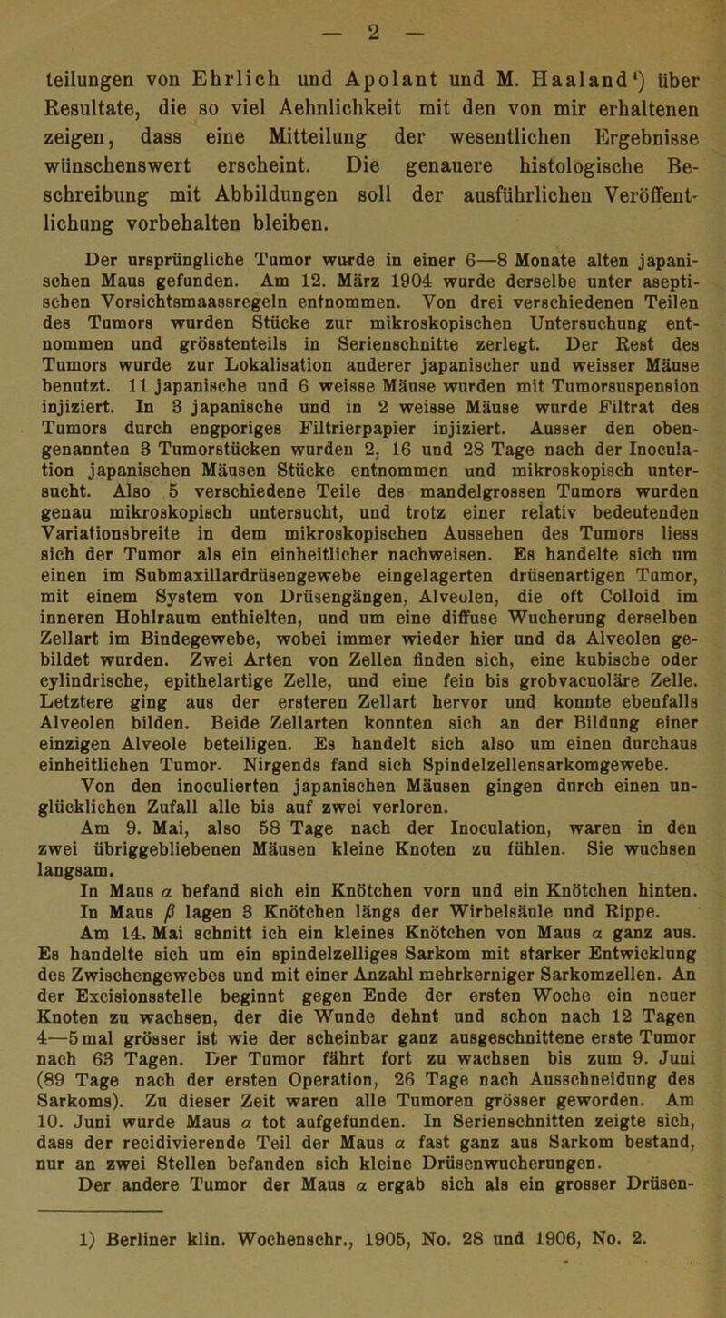 teilungen von Ehrlich und Apolant und M. Haaland1) Uber Resultate, die so viel Aehnlichkeit mit den von mir erhaltenen zeigen, dass eine Mitteilung der wesentlichen Ergebnisse wünschenswert erscheint. Die genauere histologische Be- schreibung mit Abbildungen soll der ausführlichen Veröffent- lichung Vorbehalten bleiben. Der ursprüngliche Tumor wurde in einer 6—8 Monate alten japani- schen Maus gefunden. Am 12. März 1904 wurde derselbe unter asepti- schen Vorsichtsmaassregeln entnommen. Von drei verschiedenen Teilen des Tumors wurden Stücke zur mikroskopischen Untersuchung ent- nommen und grösstenteils in Serienschnitte zerlegt. Der Rest des Tumors wurde zur Lokalisation anderer japanischer und weisser Mäuse benutzt. 11 japanische und 6 weisse Mäuse wurden mit Tumorsuspension injiziert. In 3 japanische und in 2 weisse Mäuse wurde Filtrat des Tumors durch engporiges Filtrierpapier injiziert. Ausser den oben- genannten 3 Tumorstücken wurden 2, 16 und 28 Tage nach der Inocula- tion japanischen Mäusen Stücke entnommen und mikroskopisch unter- sucht. Also 5 verschiedene Teile des mandelgrossen Tumors wurden genau mikroskopisch untersucht, und trotz einer relativ bedeutenden Variationsbreite in dem mikroskopischen Aussehen des Tumors liess sich der Tumor als ein einheitlicher nachweisen. Es handelte sich um einen im Submaxillardrüsengewebe eingelagerten drüsenartigen Tumor, mit einem System von Drüsengängen, Alveolen, die oft Colloid im inneren Hohlraum enthielten, und um eine diffuse Wucherung derselben Zellart im Bindegewebe, wobei immer wieder hier und da Alveolen ge- bildet wurden. Zwei Arten von Zellen finden sich, eine kubische oder cylindrische, epithelartige Zelle, und eine fein bis grobvacuoläre Zelle. Letztere ging aus der ersteren Zellart hervor und konnte ebenfalls Alveolen bilden. Beide Zellarten konnten sich an der Bildung einer einzigen Alveole beteiligen. Es handelt sich also um einen durchaus einheitlichen Tumor. Nirgends fand sich Spindelzellensarkomgewebe. Von den inoculierten japanischen Mäusen gingen durch einen un- glücklichen Zufall alle bis auf zwei verloren. Am 9. Mai, also 58 Tage nach der Inoculation, waren in den zwei übriggebliebenen Mäusen kleine Knoten zu fühlen. Sie wuchsen langsam. In Maus a befand sich ein Knötchen vorn und ein Knötchen hinten. In Maus ß lagen 3 Knötchen längs der Wirbelsäule und Rippe. Am 14. Mai schnitt ich ein kleines Knötchen von Maus a ganz aus. Es handelte sich um ein spindelzelliges Sarkom mit starker Entwicklung des Zwischengewebes und mit einer Anzahl mehrkerniger Sarkomzellen. An der Excisionsstelle beginnt gegen Ende der ersten Woche ein neuer Knoten zu wachsen, der die Wunde dehnt und schon nach 12 Tagen 4—5 mal grösser ist wie der scheinbar ganz ausgeschnittene erste Tumor nach 63 Tagen. Der Tumor fährt fort zu wachsen bis zum 9. Juni (89 Tage nach der ersten Operation, 26 Tage nach Ausschneidung des Sarkoms). Zu dieser Zeit waren alle Tumoren grösser geworden. Am 10. Juni wurde Maus a tot aufgefunden. In Serienschnitten zeigte sich, dass der recidivierende Teil der Maus a fast ganz aus Sarkom bestand, nur an zwei Stellen befanden sich kleine Drüsen Wucherungen. Der andere Tumor der Maus a ergab sich als ein grosser Drüsen- 1) Berliner klin. Wochenschr., 1905, No. 28 und 1906, No. 2.