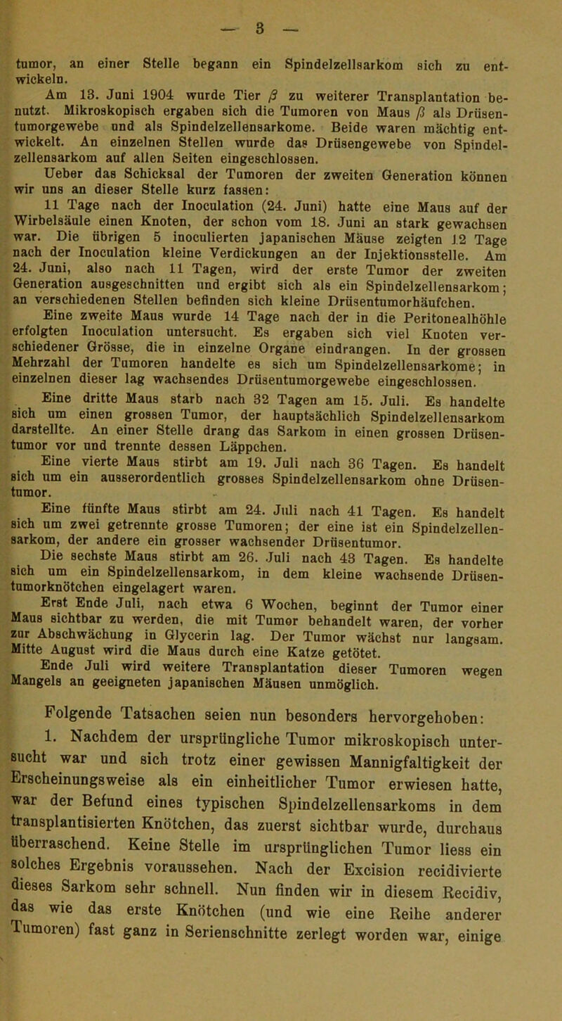 tumor, an einer Stelle begann ein Spindelzellsarkom sich zu ent- wickeln. Am 13. Juni 1904 wurde Tier ß zu weiterer Transplantation be- nutzt. Mikroskopisch ergaben sich die Tumoren von Maus ß als Drüsen- tumorgewebe und als Spindelzellensarkome. Beide waren mächtig ent- wickelt. An einzelnen Stellen wurde das Drüsengewebe von Spindel- zellensarkom auf allen Seiten eingeschlossen. Ueber das Schicksal der Tumoren der zweiten Generation können wir uns an dieser Stelle kurz fassen: 11 Tage nach der Inoculation (24. Juni) hatte eine Maus auf der Wirbelsäule einen Knoten, der schon vom 18. Juni an stark gewachsen war. Die übrigen 5 inoculierten japanischen Mäuse zeigten J.2 Tage nach der Inoculation kleine Verdickungen an der Injektionsstelle. Am 24. Juni, also nach 11 Tagen, wird der erste Tumor der zweiten Generation ausgeschnitten und ergibt sich als ein Spindelzellensarkom; an verschiedenen Stellen befinden sich kleine Drüsentumorhäufchen. Eine zweite Maus wurde 14 Tage nach der in die Peritonealhöhle erfolgten Inoculation untersucht. Es ergaben sich viel Knoten ver- schiedener Grösse, die in einzelne Organe eindrangen. In der grossen Mehrzahl der Tumoren handelte es sich um Spindelzellensarkome; in einzelnen dieser lag wachsendes Drüsentumorgewebe eingeschlossen. Eine dritte Maus starb nach 32 Tagen am 15. Juli. Es handelte sich um einen grossen Tumor, der hauptsächlich Spindelzellensarkom darstellte. An einer Stelle drang das Sarkom in einen grossen Drüsen- tumor vor und trennte dessen Läppchen. Eine vierte Maus stirbt am 19. Juli nach 36 Tagen. Es handelt sich um ein ausserordentlich grosses Spindelzellensarkom ohne Drüsen- tumor. Eine fünfte Maus stirbt am 24. Juli nach 41 Tagen. Eb handelt sich um zwei getrennte grosse Tumoren; der eine ist ein Spindelzellen- sarkom, der andere ein grosser wachsender Drüsentumor. Die sechste Maus stirbt am 26. Juli nach 43 Tagen. Es handelte sich um ein Spindelzellensarkom, in dem kleine wachsende Drüsen- tumorknötchen eingelagert waren. Erst Ende Juli, nach etwa 6 Wochen, beginnt der Tumor einer Maus sichtbar zu werden, die mit Tumor behandelt waren, der vorher zur Abschwächung in Glycerin lag. Der Tumor wächst nur langsam. Mitte August wird die Maus durch eine Katze getötet. Ende Juli wird weitere Transplantation dieser Tumoren wegen Mangels an geeigneten japanischen Mäusen unmöglich. Folgende Tatsachen seien nun besonders hervorgehoben: 1. Nachdem der ursprüngliche Tumor mikroskopisch unter- sucht war und sich trotz einer gewissen Mannigfaltigkeit der Erscheinungsweise als ein einheitlicher Tumor erwiesen hatte, war der Befund eines typischen Spindelzellensarkoms in dem transplantisierten Knötchen, das zuerst sichtbar wurde, durchaus überraschend. Keine Stelle im ursprünglichen Tumor Hess ein solches Ergebnis voraussehen. Nach der Excision recidivierte dieses Sarkom sehr schnell. Nun finden wir in diesem Recidiv, das wie das erste Knötchen (und wie eine Reihe anderer Tumoren) fast ganz in Serienschnitte zerlegt worden war, einige