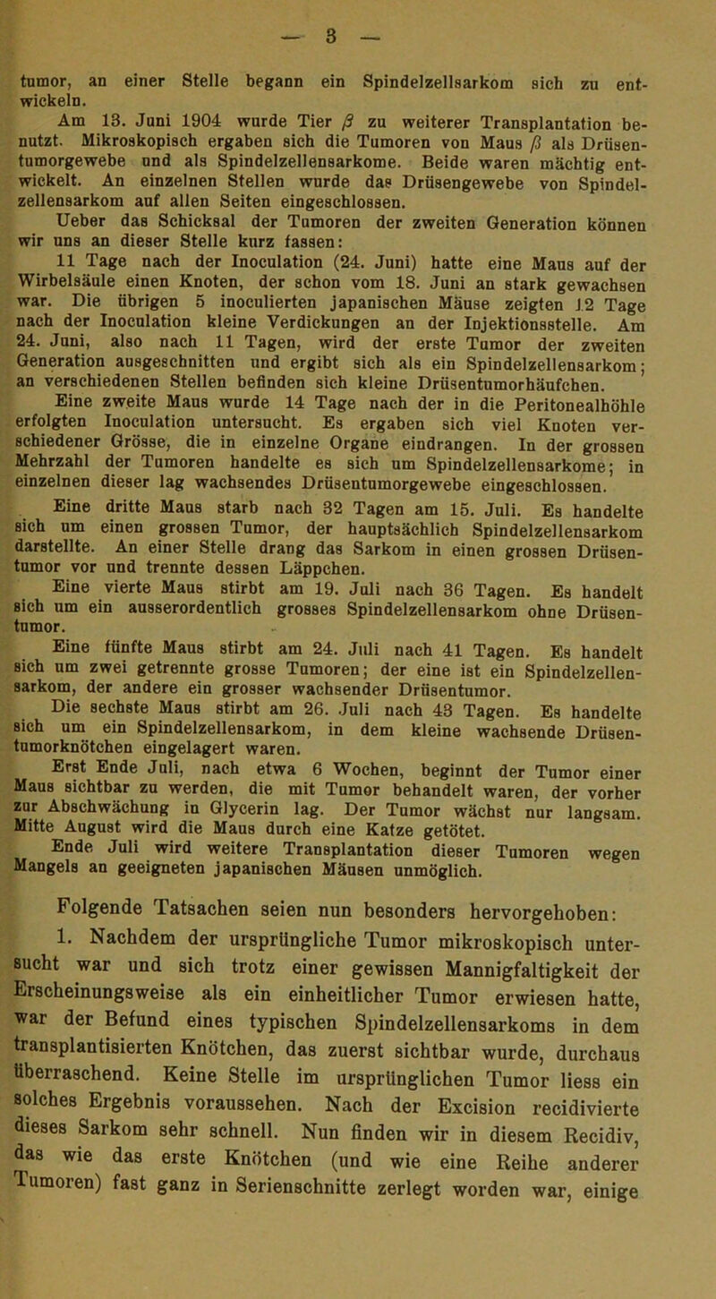 tumor, an einer Stelle begann ein Spindelzellsarkom sich zu ent- wickeln. Am 13. Juni 1904 wurde Tier ß zu weiterer Transplantation be- nutzt. Mikroskopisch ergaben sich die Tumoren von Maus ß als Drüsen- tumorgewebe und als Spindelzellensarkome. Beide waren mächtig ent- wickelt. An einzelnen Stellen wurde das Drüsengewebe von Spindel- zellensarkom auf allen Seiten eingeschlossen. Ueber das Schicksal der Tumoren der zweiten Generation können wir uns an dieser Stelle kurz fassen: 11 Tage nach der Inoculation (24. Juni) hatte eine Maus auf der Wirbelsäule einen Knoten, der schon vom 18. Juni an stark gewachsen war. Die übrigen 5 inoculierten japanischen Mäuse zeigten J.2 Tage nach der Inoculation kleine Verdickungen an der Injektionsstelle. Am 24. Juni, also nach 11 Tagen, wird der erste Tumor der zweiten Generation ausgeschnitten und ergibt sich als ein Spindelzellensarkom; an verschiedenen Stellen befinden sich kleine Drüsentumorhäufchen. Eine zweite Maus wurde 14 Tage nach der in die Peritonealhöhle erfolgten Inoculation untersucht. Es ergaben sich viel Knoten ver- schiedener Grösse, die in einzelne Organe eindrangen. In der grossen Mehrzahl der Tumoren handelte es sich um Spindelzellensarkome; in einzelnen dieser lag wachsendes Drüsentumorgewebe eingeschlossen. Eine dritte Maus starb nach 32 Tagen am 15. Juli. Es handelte sich um einen grossen Tumor, der hauptsächlich Spindelzellensarkom darstellte. An einer Stelle drang das Sarkom in einen grossen Drüsen- tumor vor und trennte dessen Läppchen. Eine vierte Maus stirbt am 19. Juli nach 36 Tagen. Es handelt sich um ein ausserordentlich grosses Spindelzellensarkom ohne Drüsen- tumor. Eine fünfte Maus stirbt am 24. Juli nach 41 Tagen. Eb handelt sich um zwei getrennte grosse Tumoren; der eine ist ein Spindelzellen- sarkom, der andere ein grosser wachsender Drüsentumor. Die sechste Maus stirbt am 26. Juli nach 43 Tagen. Es handelte sich um ein Spindelzellensarkom, in dem kleine wachsende Drüsen- tumorknötchen eingelagert waren. Erst Ende Juli, nach etwa 6 Wochen, beginnt der Tumor einer Maus sichtbar zu werden, die mit Tumor behandelt waren, der vorher zur Abschwächung in Glycerin lag. Der Tumor wächst nur langsam. Mitte August wird die Maus durch eine Katze getötet. Ende Juli wird weitere Transplantation dieser Tumoren wegen Mangels an geeigneten japanischen Mäusen unmöglich. Folgende Tatsachen seien nun besonders hervorgehoben: 1. Nachdem der ursprüngliche Tumor mikroskopisch unter- sucht war und sich trotz einer gewissen Mannigfaltigkeit der Erscheinungsweise als ein einheitlicher Tumor erwiesen hatte, war der Befund eines typischen Spindelzellensarkoms in dem transplantisierten Knötchen, das zuerst sichtbar wurde, durchaus überraschend. Keine Stelle im ursprünglichen Tumor Hess ein solches Ergebnis voraussehen. Nach der Excision recidivierte dieses Sarkom sehr schnell. Nun finden wir in diesem Recidiv, das wie das erste Knötchen (und wie eine Reihe anderer Tumoren) fast ganz in Serienschnitte zerlegt worden war, einige