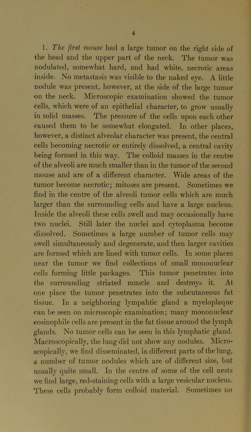 1. The first mouse had a large tumor on the right side of the head and the upper part of the neck. The tumor was nodulated, somewhat hard, and had white, necrotic areas inside. No metastasis was visible to the naked eye. A little nodule was present, however, at the side of the large tumor on the neck. Microscopic examination showed the tumor cells, which were of an epithelial character, to grow usually in solid masses. The pressure of the cells upon each other caused them to be somewhat elongated. In other places, however, a distinct alveolar character was present, the central cells becoming necrotic or entirely dissolved, a central cavity being formed in this way. The colloid masses in the centre of the alveoli are much smaller than in the tumor of the second mouse and are of a different character. Wide areas of the tumor become necrotic; mitoses are present. Sometimes we find in the centre of the alveoli tumor cells which are much larger than the surrounding cells and have a large nucleus. Inside the alveoli these cells swell and may occasionally have two nuclei. Still later the nuclei and cytoplasma become dissolved. Sometimes a large number of tumor cells may swell simultaneously and degenerate, and then larger cavities are formed which are lined with tumor cells. In some places near the tumor we find collections of small mononuclear cells forming little packages. This tumor penetrates into the surrounding striated muscle and destroys it. At one place the tumor penetrates into the subcutaneous fat tissue. In a neighboring lympahtic gland a myeloplaque can be seen on microscopic examination; many mononuclear eosinophile cells are present in the fat tissue around the lymph glands. No tumor cells can be seen in this lymphatic gland. Macroscopically, the lung did not show any nodules. Micro- scopically, we find disseminated, in different parts of the lung, a number of tumor nodules which are of different size, but usually quite small. In the centre of some of the cell nests we find large, red-staining cells with a large vesicular nucleus. These cells probably form colloid material. Sometimes no