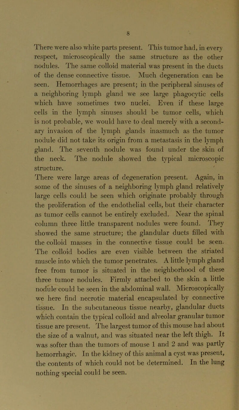 There were also white parts present. This tumor had, in every respect, microscopically the same structure as the other nodules. The same colloid material was present in the ducts of the dense connective tissue. Much degeneration can be seen. Hemorrhages are present; in the peripheral sinuses of a neighboring lymph gland we see large phagocytic cells which have sometimes two nuclei. Even if these large cells in the lymph sinuses should be tumor cells, which is not probable, we would have to deal merely with a second- ary invasion of the lymph glands inasmuch as the tumor nodule did not take its origin from a metastasis in the lymph gland. The seventh nodule was found under the skin of the neck. The nodule showed the typical microscopic structure. There were large areas of degeneration present. Again, in some of the sinuses of a neighboring lymph gland relatively large cells could be seen which originate probably through the proliferation of the endothelial cells, but their character as tumor cells cannot be entirely excluded. Near the spinal column three little transparent nodules were found. They showed the same structure; the glandular ducts filled with the colloid masses in the connective tissue could be seen. The colloid bodies are even visible between the striated muscle into which the tumor penetrates. A little lymph gland free from tumor is situated in the neighborhood of these three tumor nodules. Firmlv attached to the skin a little nodule could be seen in the abdominal wall. Microscopically we here find necrotic material encapsulated by connective tissue. In the subcutaneous tissue nearby, glandular ducts which contain the typical colloid and alveolar granular tumor tissue are present. The largest tumor of this mouse had about the size of a walnut, and was situated near the left thigh. It was softer than the tumors of mouse 1 and 2 and was partly hemorrhagic. In the kidney of this animal a cyst was present, the contents of which could not be determined. In the lung nothing special could be seen.
