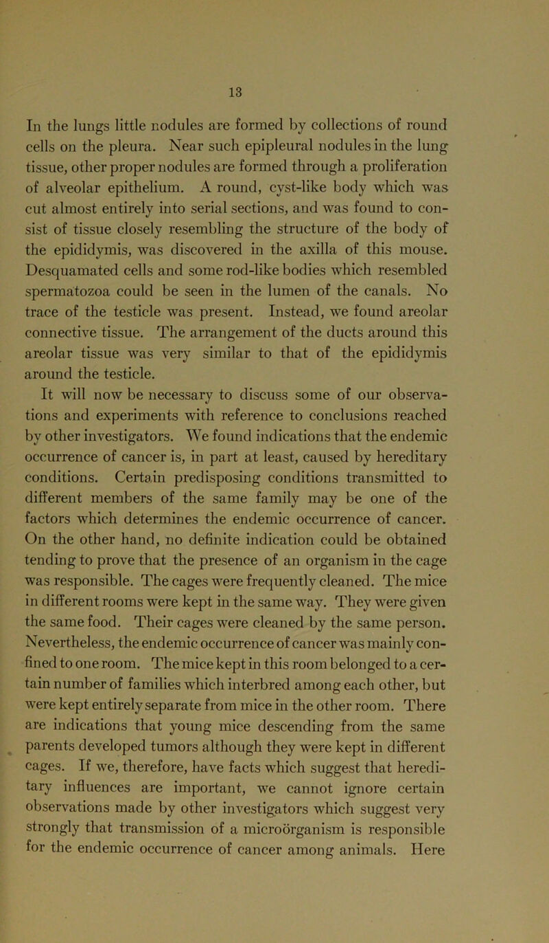 In the lungs little nodules are formed by collections of round cells on the pleura. Near such epipleural nodules in the lung tissue, other proper nodules are formed through a proliferation of alveolar epithelium. A round, cyst-like body which was cut almost entirely into serial sections, and was found to con- sist of tissue closely resembling the structure of the body of the epididymis, was discovered in the axilla of this mouse. Desquamated cells and some rod-like bodies which resembled spermatozoa could be seen in the lumen of the canals. No trace of the testicle was present. Instead, we found areolar connective tissue. The arrangement of the ducts around this areolar tissue was very similar to that of the epididymis around the testicle. It will now be necessary to discuss some of our observa- tions and experiments with reference to conclusions reached by other investigators. We found indications that the endemic occurrence of cancer is, in part at least, caused by hereditary conditions. Certain predisposing conditions transmitted to different members of the same family may be one of the factors which determines the endemic occurrence of cancer. On the other hand, no definite indication could be obtained tending to prove that the presence of an organism in the cage was responsible. The cages were frequently cleaned. The mice in different rooms were kept in the same way. They were given the same food. Their cages were cleaned by the same person. Nevertheless, the endemic occurrence of cancer was mainly con- fined to one room. The mice kept in this room belonged to a cer- tain number of families which interbred among each other, but were kept entirely separate from mice in the other room. There are indications that young mice descending from the same parents developed tumors although they were kept in different cages. If we, therefore, have facts which suggest that heredi- tary influences are important, we cannot ignore certain observations made by other investigators which suggest very strongly that transmission of a microorganism is responsible for the endemic occurrence of cancer among animals. Here