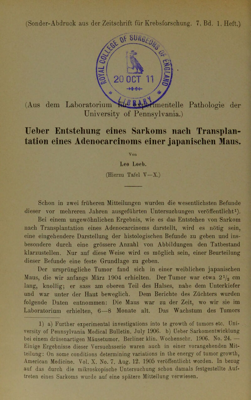 (Sonder-Abdruck aus der Zeitschrift für Krebsforschung. 7, Bd. 1. Heft.) Ueber Entstehung eines Sarkoms nach Transplan- tation eines Adenocarcinoms einer japanischen Maus. Von Leo Loeb. (Hierzu Tafel V—X.) Schon in zwei früheren Mitteilungen wurden die wesentlichsten Befunde dieser vor mehreren Jahren ausgeführten Untersuchungen veröffentlicht1). Bei einem ungewöhnlichen Ergebnis, wie es das Entstehen von Sarkom nach Transplantation eines Adenocarcinoms darstellt, wird es nötig sein, eine eingehendere Darstellung der histologischen Befunde zu geben und ins- besondere durch eine grössere Anzahl von Abbildungen den Tatbestand klarzustellen. Nur auf diese Weise wird es möglich sein, einer Beurteilung dieser Befunde eine feste Grundlage zu geben. Der ursprüngliche Tumor fand sich in einer weiblichen japanischen Maus, die wir anfangs März 1904 erhielten. Der Tumor war etwa 21/2 cm lang, knollig; er sass am oberen Teil des Halses, nahe dem Unterkiefer und war unter der Haut beweglich. Dem Berichte des Züchters wurden folgende Daten entnommen: Die Maus war zu der Zeit, wo wir sie im Laboratorium erhielten, 6—8 Monate alt. Das Wachstum des Tumors 1) a) Further experimental investigations into te growth of tumors etc. Uni- versity of Pennsylvania Medical Bulletin. July 1906. b) Ueber Sarkomentwicklung bei einem drüsenartigen Mäusetumor. Berliner klin. Wochenschr. 1906. No. 24. — Einige Ergebnisse dieser Versuchsserio waren auch in einer vorangehenden Mit- teilung: On some conditions determining variations in the energy of tumor growth, American Medicine. Vol. X. No. 7. Aug. 12. 1905 veröffentlicht worden. In bezug auf das durch die mikroskopische Untersuchung schon damals festgestellte Auf- treten eines Sarkoms wurde auf eine spätere Mitteilung verwiesen.