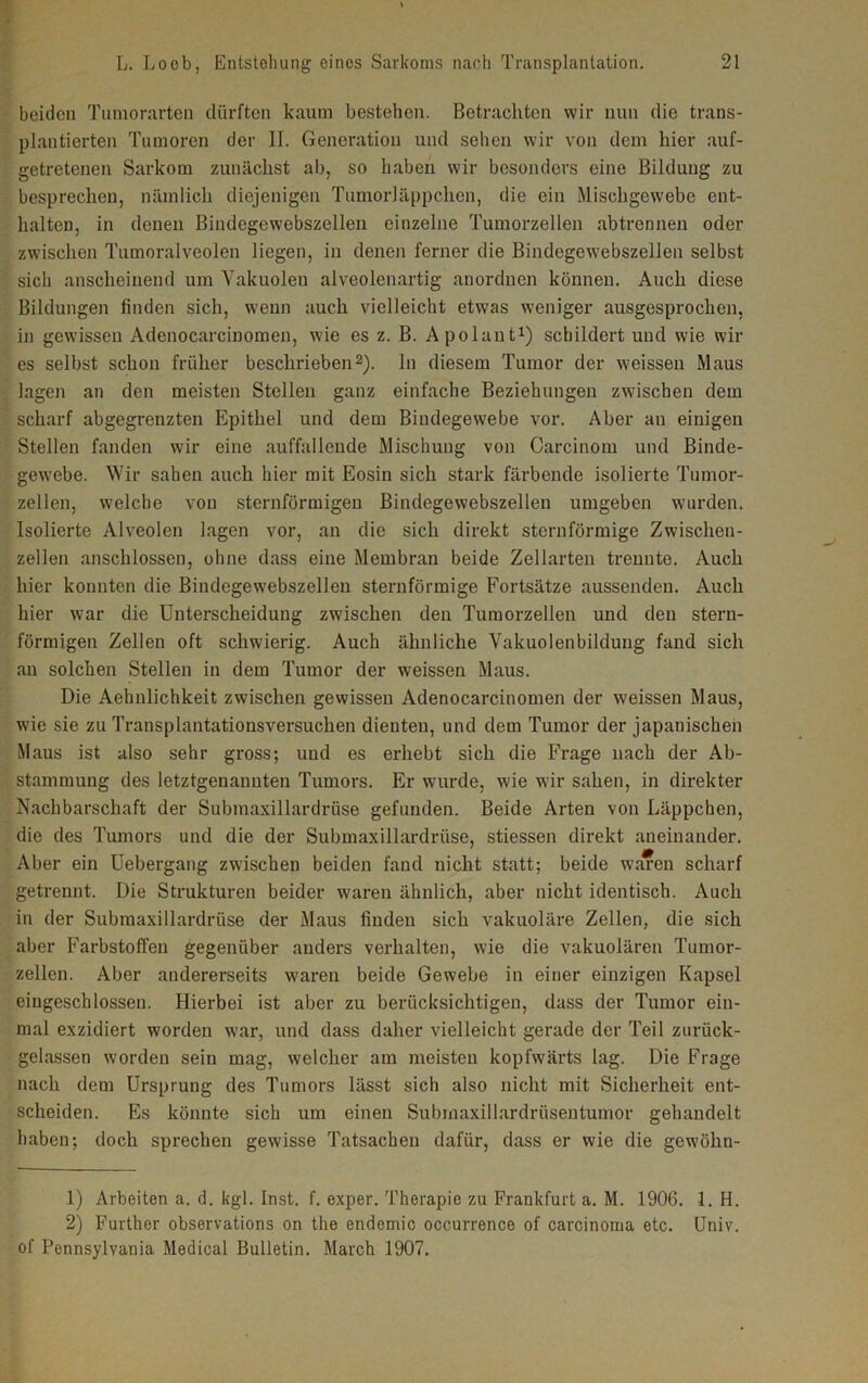 beiden Tumorarten dürften kaum bestehen. Betrachten wir nun die trans- plantierten Tumoren der II. Generation und sehen wir von dem hier auf- getretenen Sarkom zunächst ab, so haben wir besonders eine Bildung zu besprechen, nämlich diejenigen Tumorläppchen, die ein Mischgewebe ent- halten, in denen Bindegewebszellen einzelne Tumorzellen abtrennen oder zwischen Tumoralveolen liegen, in denen ferner die Bindegewebszellen selbst sich anscheinend um Vakuolen alveolenartig anordnen können. Auch diese Bildungen finden sich, wenn auch vielleicht etwas weniger ausgesprochen, in gewissen Adenocarcinomen, wie es z. B. Apolaut1) schildert und wie wir es selbst schon früher beschrieben2), ln diesem Tumor der weissen Maus lagen an den meisten Stellen ganz einfache Beziehungen zwischen dem scharf abgegrenzten Epithel und dem Bindegewebe vor. Aber an einigen Stellen fanden wir eine auffallende Mischung von Carcinom und Binde- gewebe. Wir sahen auch hier mit Eosin sich stark färbende isolierte Tumor- zellen, welche von sternförmigen Bindegewebszellen umgeben wurden. Isolierte Alveolen lagen vor, an die sich direkt sternförmige Zwischen- zellen anschlossen, ohne dass eine Membran beide Zellarten trennte. Auch hier konnten die Bindegewebszellen sternförmige Fortsätze aussenden. Auch hier war die Unterscheidung zwischen den Tumorzellen und den stern- förmigen Zellen oft schwierig. Auch ähnliche Vakuolenbilduug fand sich an solchen Stellen in dem Tumor der weissen Maus. Die Aelinlichkeit zwischen gewissen Adenocarcinomen der weissen Maus, wie sie zu Transplantationsversuchen dienten, und dem Tumor der japanischen Maus ist also sehr gross; und es erhebt sich die Frage nach der Ab- stammung des letztgenannten Tumors. Er wurde, wie wir sahen, in direkter Nachbarschaft der Submaxillardrüse gefunden. Beide Arten von Läppchen, die des Tumors und die der Submaxillardrüse, stiessen direkt aneinander. Aber ein Uebergang zwischen beiden fand nicht statt; beide waren scharf getrennt. Die Strukturen beider waren ähnlich, aber nicht identisch. Auch in der Submaxillardrüse der Maus finden sich vakuoläre Zellen, die sich aber Farbstoffen gegenüber anders verhalten, wie die vakuolären Tumor- zellen. Aber andererseits waren beide Gewebe in einer einzigen Kapsel eingeschlossen. Hierbei ist aber zu berücksichtigen, dass der Tumor ein- mal exzidiert worden war, und dass daher vielleicht gerade der Teil zurück- gelassen worden sein mag, welcher am meisten kopfwärts lag. Die Frage nach dem Ursprung des Tumors lässt sich also nicht mit Sicherheit ent- scheiden. Es könnte sich um einen Submaxillardrüsentumor gehandelt haben; doch sprechen gewisse Tatsachen dafür, dass er wie die gewöhn- 1) Arbeiten a. d. kgl. Inst. f. exper. Therapie zu Frankfurt a. M. 1906. 1. H. 2) Further observations on the endemic occurrence of Carcinoma etc. Univ. of Pennsylvania Medical Bulletin. March 1907.