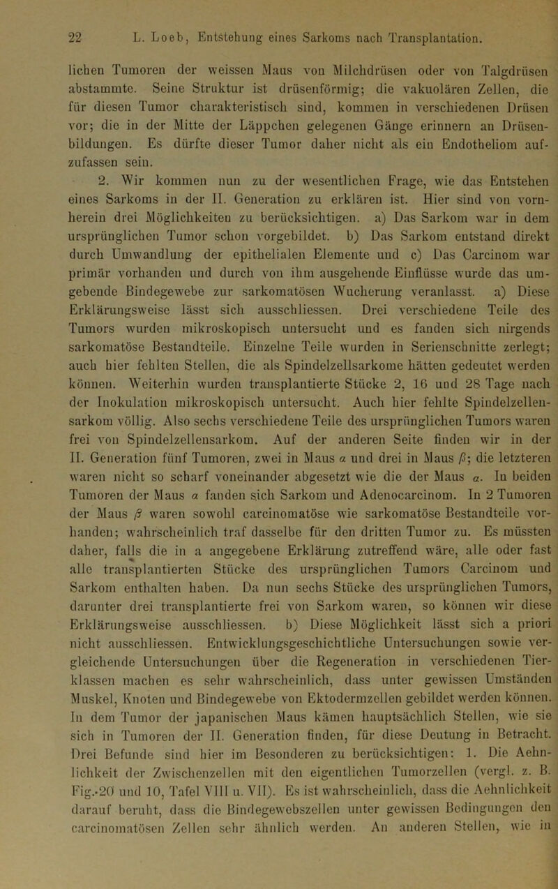 liehen Tumoren der weissen Maus von Milchdrüsen oder von Talgdrüsen abstammte. Seine Struktur ist drüsenförmig; die vakuolären Zellen, die für diesen Tumor charakteristisch sind, kommen in verschiedenen Drüsen vor; die in der Mitte der Läppchen gelegenen Gänge erinnern an Drüsen- bildungen. Es dürfte dieser Tumor daher nicht als ein Endotheliom auf- zufassen sein. 2. Wir kommen nun zu der wesentlichen Frage, wie das Entstehen eines Sarkoms in der II. Generation zu erklären ist. Hier sind von vorn- herein drei Möglichkeiten zu berücksichtigen, a) Das Sarkom war in dem ursprünglichen Tumor schon vorgebildet, b) Das Sarkom entstand direkt durch Umwandlung der epithelialen Elemente und c) Das Carcinom war primär vorhanden und durch von ihm ausgehende Einflüsse wurde das um- gebende Bindegewebe zur sarkomatösen Wucherung veranlasst, a) Diese Erklärungsweise lässt sich ausschliessen. Drei verschiedene Teile des Tumors wurden mikroskopisch untersucht und es fanden sich nirgends sarkomatöse Bestandteile. Einzelne Teile wurden in Serienschnitte zerlegt; auch hier fehlten Stellen, die als Spindelzellsarkome hätten gedeutet werden können. Weiterhin wurden transplantierte Stücke 2, 16 und 28 Tage nach der Inokulation mikroskopisch untersucht. Auch hier fehlte Spindelzellen- sarkom völlig. Also sechs verschiedene Teile des ursprünglichen Tumors waren frei von Spindelzellensarkom. Auf der anderen Seite finden wir in der II. Generation fünf Tumoren, zwei in Maus a und drei in Maus ß; die letzteren waren nicht so scharf voneinander abgesetzt wie die der Maus a. In beiden Tumoren der Maus a fanden sich Sarkom und Adenocarcinom. In 2 Tumoren der Maus ß waren sowohl carcinomatöse wie sarkomatöse Bestandteile vor- handen; wahrscheinlich traf dasselbe für den dritten Tumor zu. Es müssten daher, falls die in a angegebene Erklärung zutreffend wäre, alle oder fast alle transplantierten Stücke des ursprünglichen Tumors Carcinom und Sarkom enthalten haben. Da nun sechs Stücke des ursprünglichen Tumors, darunter drei transplantierte frei von Sarkom waren, so können wir diese Erklärungsweise ausschliessen. b) Diese Möglichkeit lässt sich a priori nicht ausschliessen. Entwicklungsgeschichtliche Untersuchungen sowie ver- gleichende Untersuchungen über die Regeneration in verschiedenen Tier- klassen machen es sehr wahrscheinlich, dass unter gewissen Umständen Muskel, Knoten und Bindegewebe von Ektodermzellen gebildet werden können. In dem Tumor der japanischen Maus kämen hauptsächlich Stellen, wie sie sich in Tumoren der II. Generation finden, für diese Deutung in Betracht. Drei Befunde sind hier im Besonderen zu berücksichtigen: 1. Die Aelin- 1 ichkeit der Zwischenzellen mit den eigentlichen Tumorzellen (vergl. z. B. Fig.-2Ö und 10, Tafel VIII u. VII). Es ist wahrscheinlich, dass die Aehnlichkeit darauf beruht, dass die Bindegewebszellen unter gewissen Bedingungen den carcinomatösen Zellen sehr ähnlich werden. An anderen Stellen, wie in