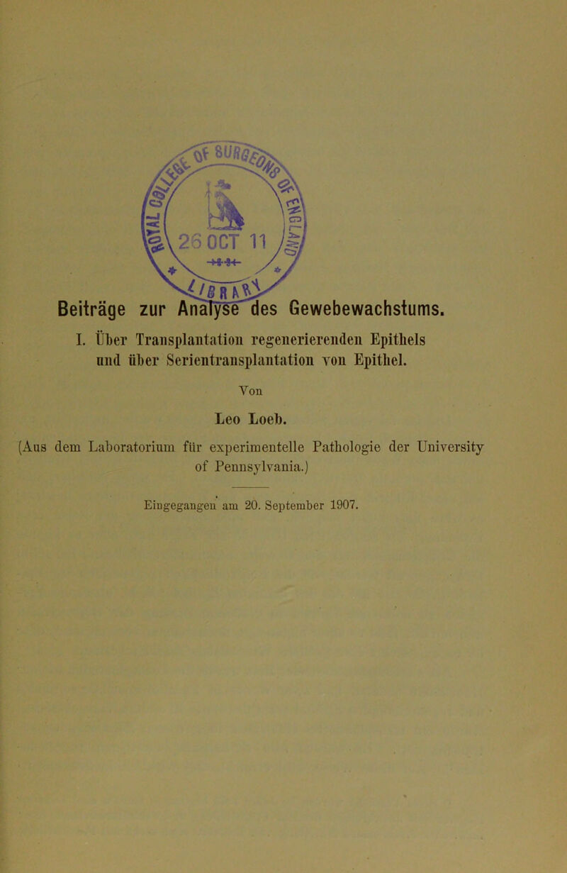 Beiträge zur Analyse des Gewebewachstums. I. Über Transplantation regenerierenden Epithels und über Serientransplantation von Epithel. Von Leo Loeb. (Aus dem Laboratorium für experimentelle Pathologie der University of Pennsylvania.) Eingegangeu am 20. September 1907.