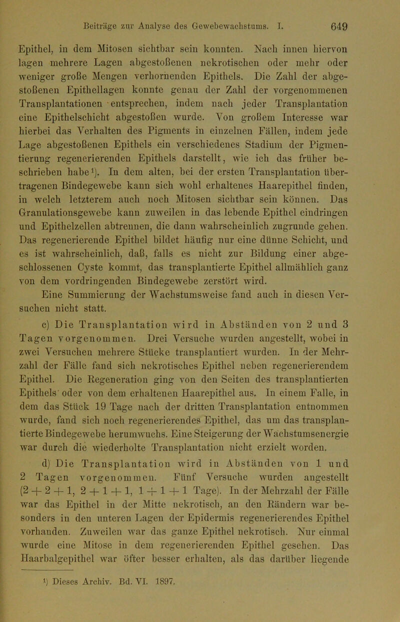 Epithel, in dem Mitosen sichtbar sein konnten. Nach innen hiervon lagen mehrere Lagen abgestoßenen nekrotischen oder mehr oder weniger große Mengen verhornenden Epithels. Die Zahl der abge- stoßenen Epithellagen konnte genau der Zahl der vorgenommenen Transplantationen entsprechen, indem nach jeder Transplantation eine Epithelschicht abgestoßen wurde. Von großem Interesse war hierbei das Verhalten des Pigments in einzelnen Fällen, indem jede Lage abgestoßenen Epithels ein verschiedenes Stadium der Pigmen- tierung regenerierenden Epithels darstellt, wie ich das früher be- schrieben habe1). In dem alten, bei der ersten Transplantation über- tragenen Bindegewebe kann sich wohl erhaltenes Haarepithel finden, in welch letzterem auch noch Mitosen sichtbar sein können. Das Granulationsgewebe kann zuweilen in das lebende Epithel eindringen und Epithelzellen abtrennen, die dann wahrscheinlich zugrunde gehen. Das regenerierende Epithel bildet häufig nur eine diinne Schicht, und es ist wahrscheinlich, daß, falls es nicht zur Bildung einer abge- schlossenen Cyste kommt, das transplantierte Epithel allmählich ganz von dem vordringenden Bindegewebe zerstört Avird. Eine Summierung der WachstumSAveise fand auch in diesen Ver- suchen nicht statt. c) Die Transplantation wird in Abständen von 2 und 3 Tagen vorgenommen. Drei Versuche wurden angestellt, wobei in zwei Versuchen mehrere Stücke transplantiert wurden. In der Mehr- zahl der Fälle fand sich nekrotisches Epithel neben regenerierendem Epithel. Die Regeneration ging von den Seiten des transplantierten Epithels'oder A7on dem erhaltenen Haarepithel aus. In einem Falle, in dem das Stück 19 Tage nach der dritten Transplantation entnommen wurde, fand sich noch regenerierendes Epithel, das um das transplan- tierte Bindegewebe herumAvuclis. Eine Steigerung der Wachstumsenergie war durch die Aviederholte Transplantation nicht erzielt worden. d) Die Transplantation wird in Abständen von 1 und 2 Tagen vorgenomraen. Fünf Versuche wurden angestellt (2 —(- 2 -f- 1, 2-f-l-f-l, 1-i-l + l Tage). In der Mehrzahl der Fälle war das Epithel in der Mitte nekrotisch, an den Kündern war be- sonders in den unteren Lagen der Epidermis regenerierendes Epithel vorhanden. Zuweilen war das ganze Epithel nekrotisch. Nur einmal wurde eine Mitose in dem regenerierenden Epithel gesehen. Das Haarbalgepithel Avar öfter besser erhalten, als das darüber liegende *) Dieses Archiv. Bd. VI. 1897.