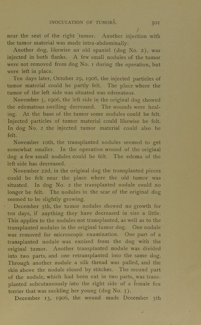 / near the seat of the right tumor. Another injection with the tumor material was made intra-abdominally. Another dog, likewise an old spaniel (dog No. 2), was injected in both flanks. A few small nodules of the tumor were not removed from dog No. 1 during the operation, but were left in place. Ten days later, October 29, 1906, the injected particles of tumor material could be partly felt. The place where the tumor of the left side was situated was edematous. November 5, 1906, the left side in the original dog showed the edematous swelling decreased. The wounds were heal- ing. At the base of the tumor some nodules could be felt. Injected particles of tumor material could likewise be felt. In dog No. 2 the injected tumor material could also be felt. November 10th, the transplanted nodules seemed to get somewhat smaller. In the operation wound of the original dog a few small nodules could be felt. The edema of the left side has decreased. November 22d, in the original dog the transplanted pieces could be felt near the place where the old tumor was situated. In dog No. 2 the transplanted nodule could no longer be felt. The nodules in the scar of the original dog seemed to be slightly growing. December 5th, the tumor nodules showed no growth for ten days, if anything they have decreased in size a little. This applies to the nodules not transplanted, as well as to the transplanted nodules in the original tumor dog. One nodule was removed for microscopic examination. One part of a transplanted nodule was excised from the dog with the original tumor. Another transplanted nodule was divided into two parts, and one retransplanted into the same dog. Through another nodule a silk thread was pulled, and the skin above the nodule closed by stitches. The second part of the nodule, which had been cut in two parts, was trans- planted subcutaneously into the right side of a female fox terrier that was suckling her young (dog No. 3). December 13, 1906, the wound made December 5th