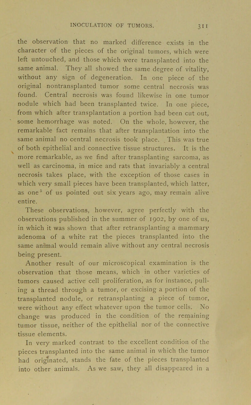 the observation that no marked difference exists in the character of the pieces of the original tumors, which were left untouched, and those which were transplanted into the same animal. They all showed the same degree of vitality, without any sign of degeneration. In one piece of the original nontransplanted tumor some central necrosis was found. Central necrosis was found likewise in one tumor nodule which had been transplanted twice. In one piece, from which after transplantation a portion had been cut out, some hemorrhage was noted. On the whole, however, the remarkable fact remains that after transplantation into the same animal no central necrosis took place. This was true of both epithelial and connective tissue structures. It is the more remarkable, as we find after transplanting sarcoma, as well as carcinoma, in mice and rats that invariably a central necrosis takes place, with the exception of those cases in which very small pieces have been transplanted, which latter, as oneu of us pointed out six years ago, may remain alive entire. These observations, however, agree perfectly with the observations published in the summer of 1902, by one of us, in which it was shown that after retransplanting a mammary adenoma of a white rat the pieces transplanted into the same animal would remain alive without any central necrosis being present. Another result of our microscopical examination is the observation that those means, which in other varieties of tumors caused active cell proliferation, as for instance, pull- ing a thread through a tumor, or excising a portion of the transplanted nodule, or retransplanting a piece of tumor, were without any effect whatever upon the tumor cells. No change was produced in the condition of the remaining tumor tissue, neither of the epithelial nor of the connective tissue elements. In very marked contrast to the excellent condition of the pieces transplanted into the same animal in which the tumor had originated, stands the fate of the pieces transplanted into other animals. As we saw, they all disappeared in a