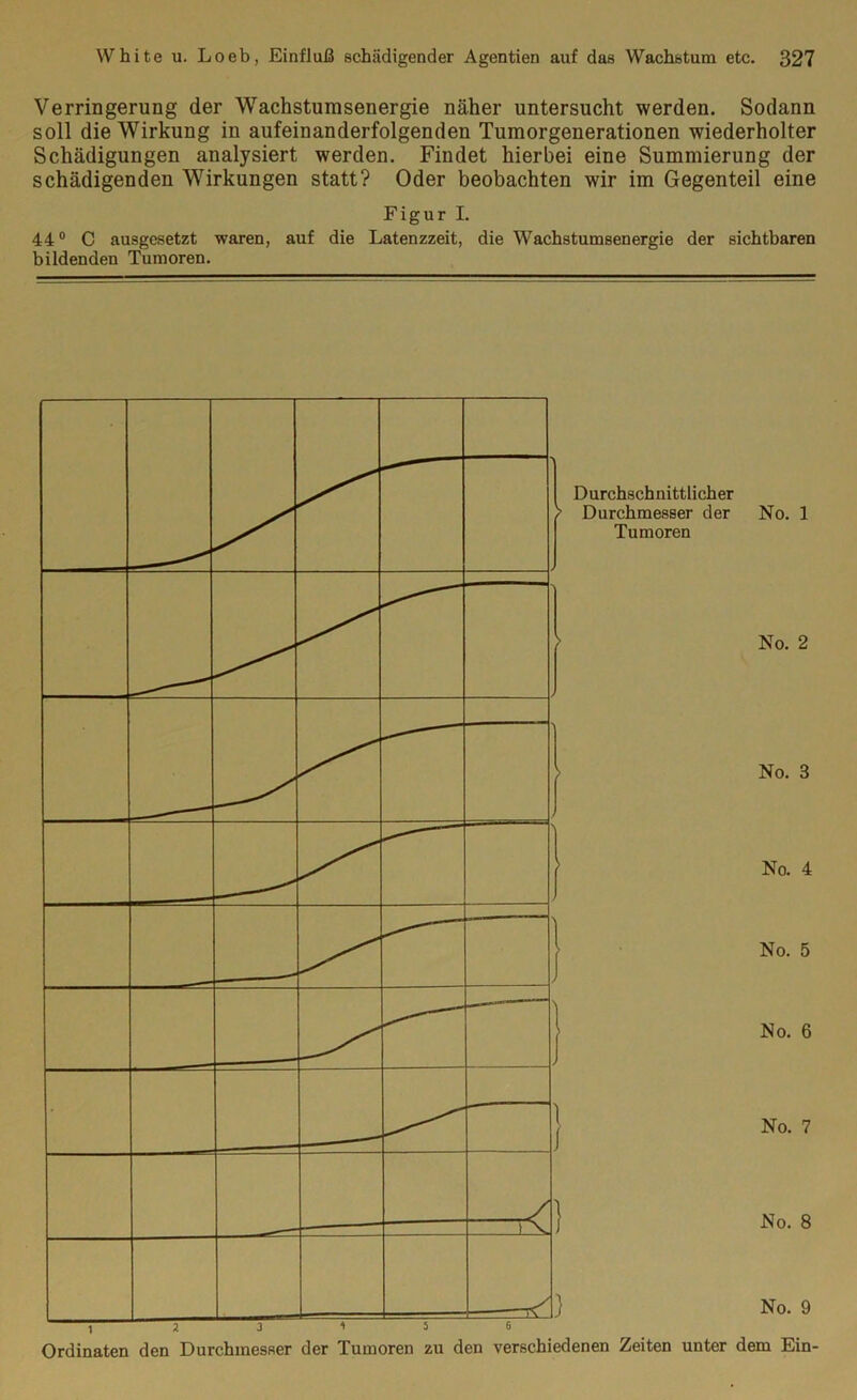 Verringerung der Wachstunisenergie näher untersucht werden. Sodann soll die Wirkung in aufeinanderfolgenden Tumorgenerationen wiederholter Schädigungen analysiert werden. Findet hierbei eine Summierung der schädigenden Wirkungen statt? Oder beobachten wir im Gegenteil eine Figur I. 44° C ausgesetzt waren, auf die Latenzzeit, die Wachstumsenergie der sichtbaren bildenden Tumoren. Ordinaten den Durchmesser der Tumoren zu den verschiedenen Zeiten unter dem Ein-