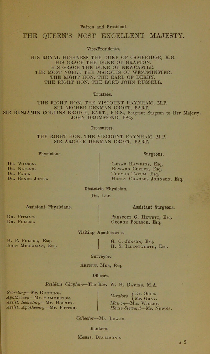 Patron and President, THE QUEEN’S MOST EXCELLENT MAJESTY. IIIS ROYAL HIGHNESS THE DUKE OF CAMBRIDGE, K.G. HIS GRACE THE DUKE OF GRAFTON. HIS GRACE THE DUKE OF NEWCASTLE. THE MOST NOBLE THE MARQUIS OF WESTMINSTER. THE RIGHT HON. THE EARL OF DERBY. THE RIGHT HON. THE LORD JOHN RUSSELL. THE RIGHT HON. THE VISCOUNT RAYNHAM, M.P. SIR ARCHER DENMAN CROFT, BART. SIR BENJAMIN COLLINS BRODIE, BART., F.R.S., Sergeant Surgeon to Her Majesty. JOHN DRUMMOND, ESQ. THE RIGHT HON. THE VISCOUNT RAYNHAM, M.P. SIR ARCHER DENMAN CROFT, BART. Vice-Presidents. Trustees. Treasurers. Physicians. Surgeons. Da. Wilson. Dr. Nairne. Dr. Page. Dr. Bence Jones. C,esar Hawkins, Esq. Edward Cutler, Esq. Tiiomas Tatum, Esq. Henry Charles Johnson, Esq. Obstetric Physician. Dr. Lee. Assistant Physicians. Assistant Surgeons. Dr. Pitman. Dr. Fuller. Prescott G. IIewett, Esq. George Pollock, Esq. Visiting Apothecaries. II. P. Fuller, Esq. John Merriman, Esq. G. C. Jonson, Esq. H. S. Illingworth, Esq. Surveyor. Arthur Mee, Esq. Officers. llesident Chaplain—The Rev. W. H. Davies, M.A. Secretary—Mr. Gunning. Apothecary—Mr. Hammeiiton. Assist. Secretary—Mr. Holmes. Assist, Apothecary—Mr. Potter. Matron—Mrs. Willey. House Steivard—Mr. Newns. Collector—Mr. Lewns. A 2 Bankers. Messrs. Drummond.