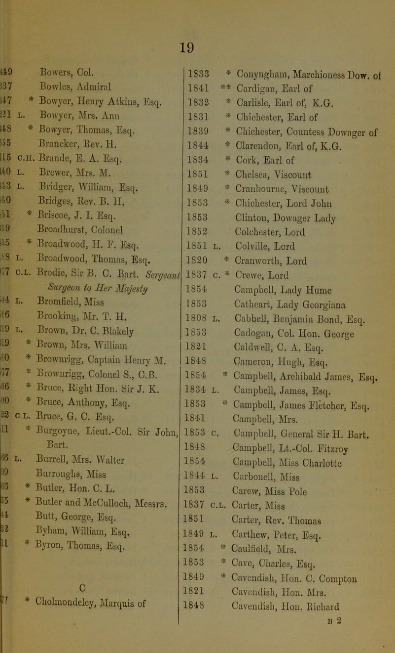 149 Bowers, Col. 337 Bowles, Admiral 117 * Bowyer, Henry Atkins, Esq. .’11 L. Bowyer, Mrs, Ann lt8 * Bowyer, Thomas, Esq. >>5 Brancker, Rev. 11. 1L5 c.H. Brande, E. A. Esq. ItO l. Brewer, Mrs. M. Ii3 L. Bridgcr, William, Esq. -0 Bridges, Rev. B. II. :tl * Briscoe, J. I. Esq. 9 Broadhurst, Colonel k*5 * Broadwood, H. E. Esq. '3 l. Broadwood, Thomas, Esq. r<7 c.L. Brodie, Sir B. C. Bart. Sergeant Surgeon to Her Majesty 44 L. Bromfield, Miss 6 Brooking, Mr. T. H. 1-9 L. Brown, Dr. C. Blakely l'.9 * Brown, Mrs. William 0 * Brownrigg, Captain llenry M. d7 * Brownrigg, Colonel S., C.B. i66 * Bruce, Right Hon. Sir J. K. '0 * Bruce, Anthony, Esq. 12 c.L. Bruce, G. C. Esq. 11 * Burgoyne, Licut.-Col. Sir John, Bart. '16 l. Bun-ell, Mrs. Walter 1*9 Burroughs, Miss 56 * Butler, Hon. C. L. 35 * Butler and McCulloch, Messrs. ; 1- Butt, George, Esq. 12 Byham, William, Esq. T * Byron, Thomas, Esq. C * Cholmondeley, Marquis of 1S33 * Conyngham, Marchioness How. of 1841 ** Cardigan, Earl of 1832 * Carlisle, Earl of, K.G. 1831 * Chichester, Earl of 1839 * Chichester, Countess Dowager of 1S44 * Clarendon, Earl of, K.G. 1834 * Cork, Earl of 1851 * Chelsea, Viscount 1849 * Cranbourne, Viscount 1853 * Chichester, Lord John IS53 Clinton, Dowager Lady 1S52 Colchester, Lord 1S51 l. Colville, Lord 1S20 * Cranworth, Lord 1837 c. * Crewe, Lord 1854 Campbell, Lady Hume 1853 Catlicart, Lady Georgiana 1808 l. Cabbell, Benjamin Bond, Esq. 1853 Cadogan, Col. Hon. George 182 L Caldwell, C. A. Esq. 1848 Cameron, Hugh, Esq. 1854 * Campbell, Archibald James, Esq. 1834 L. Campbell, James, Esq. 1853 * Campbell, James Fletcher, Esq. 1841 Campbell, Mrs. 1853 c. Campbell, General Sir H. Bart. 1848 Campbell, Lt.-Col. Eitzroy 1854 Campbell, Miss Charlotte 1S44 l. Carbonell, Miss 1853 Carew, Miss Pole 1837 c.L. Carter, Miss 1851 Carter, Rev. Thomas 1849 l. Carthew, Peter, Esq. 1854 * Caulfield, Mrs. 1853 * Cave, Charles, Esq. 1849 * Cavendish, Hon. C. Compton 1821 Cavendish, lion. Mrs. 1848 Cavendish, Hon. Richard B 2