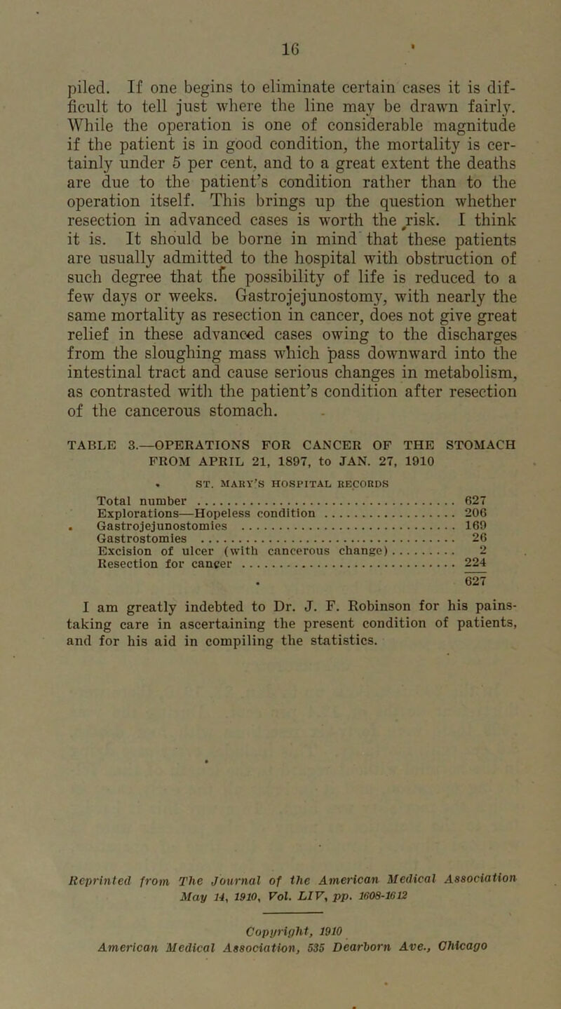 piled. If one begins to eliminate certain cases it is dif- ficult to tell just where the line may be drawn fairly. While the operation is one of considerable magnitude if the patient is in good condition, the mortality is cer- tainly under 5 per cent, and to a great extent the deaths are due to the patient’s condition rather than to the operation itself. This brings up the question whether resection in advanced cases is worth the /isk. I think it is. It should be borne in mind that these patients are usually admitted to the hospital with obstruction of such degree that tfie possibility of life is reduced to a few days or weeks. Gastrojejunostomy, with nearly the same mortality as resection in cancer, does not give great relief in these advanced cases owing to the discharges from the sloughing mass which pass downward into the intestinal tract and cause serious changes in metabolism, as contrasted with the patient’s condition after resection of the cancerous stomach. TABLE 3.—OPERATIONS FOR CANCER OF THE STOMACH FROM APRIL 21, 1897, to JAN. 27, 1910 • ST. MARY'S HOSPITAL RECORDS Total number 627 Explorations—Hopeless condition 206 Gastrojejunostomies 169 Gastrostomies 26 Excision of ulcer (with cancerous change) 2 Resection for cancer 224 627 I am greatly indebted to Dr. J. F. Robinson for his pains- taking care in ascertaining the present condition of patients, and for his aid in compiling the statistics. Reprinted from The Journal of the American Medical Association May 14, 1910, Vol. LIV, pp. 1608-1612 Copyright, 1910 American Medical Association, 535 Dearborn Ave., Chicago