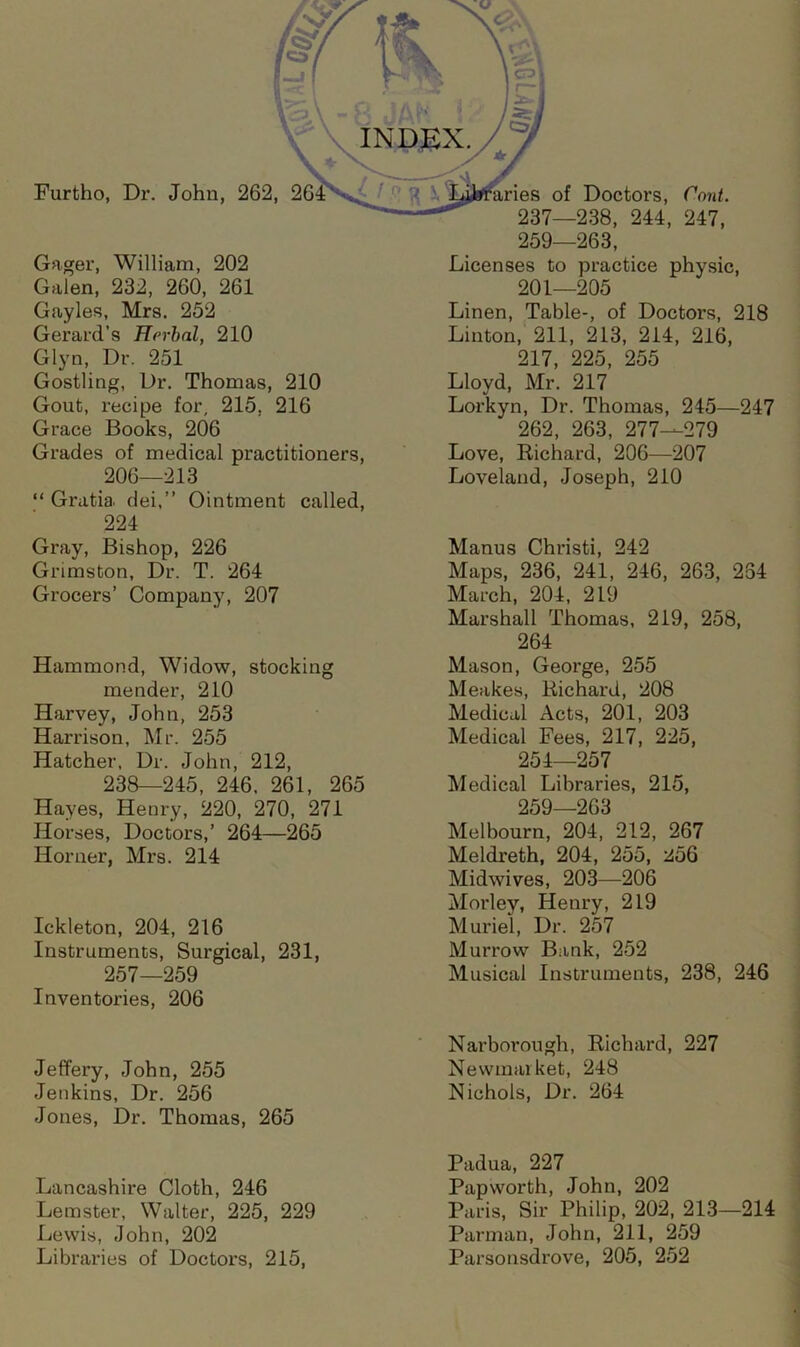 aries of Doctors, Cont. 237—238, 244, 247, 259—263, Furtho, Dr. John, 262, 26 Gager, William, 202 Galen, 232, 260, 261 Gayles, Mrs. 252 Gerard’s Herbal, 210 Glyn, Dr. 251 Gostling, Dr. Thomas, 210 Gout, recipe for, 215. 216 Grace Books, 206 Grades of medical practitioners, 206—213 “ Gratia dei,” Ointment called, 224 Gray, Bishop, 226 Grimston, Dr. T. 264 Grocers’ Company, 207 Hammond, Widow, stocking mender, 210 Harvey, John, 253 Harrison, Mr. 255 Hatcher, Dr. John, 212, 238—245, 246, 261, 265 Hayes, Henry, 220, 270, 271 Horses, Doctors,’ 264—265 Horner, Mrs. 214 Ickleton, 204, 216 Instruments, Surgical, 231, 257—259 Inventories, 206 Licenses to practice physic, 201—205 Linen, Table-, of Doctors, 218 Linton, 211, 213, 214, 216, 217, 225, 255 Lloyd, Mr. 217 Lorkyn, Dr. Thomas, 245—247 262, 263, 277—279 Love, Richard, 206—207 Loveland, Joseph, 210 Manus Christi, 242 Maps, 236, 241, 246, 263, 234 March, 204, 219 Marshall Thomas, 219, 258, 264 Mason, George, 255 Meakes, Richard, 208 Medical Acts, 201, 203 Medical Fees, 217, 225, 254—257 Medical Libraries, 215, 259 263 Melbourn, 204, 212, 267 Meldreth, 204, 255, 256 Midwives, 203—206 Morley, Henry, 219 Muriel, Dr. 257 Murrow Bank, 252 Musical Instruments, 238, 246 Jeffery, John, 255 Jenkins, Dr. 256 Jones, Dr. Thomas, 265 Narborough, Richard, 227 Newmaiket, 248 Nichols, Dr. 264 Lancashire Cloth, 246 Leinster, Walter, 225, 229 Lewis, John, 202 Libraries of Doctors, 215, Padua, 227 Papworth, John, 202 Paris, Sir Philip, 202, 213—214 Parman, John, 211, 259 Parsonsdrove, 205, 252