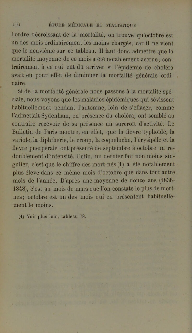 l’ordre décroissant de la mortalité, on trouve qu’octobre est un des mois ordinairement les moins chargés, car il ne vient que le neuvième sur ce tableau. Il faut donc admettre que la mortalité moyenne de ce mois a été notablement accrue, con- trairement à ce qui eût dû arriver si l’épidémie de choléra avait eu pour effet de diminuer la mortalité générale ordi- naire. Si de la mortalité générale nous passons à la mortalité spé- ciale, nous voyons que les maladies épidémiques qui sévissent habituellement pendant l’automne, loin de s’effacer, comme l’admettait Sydenham, en présence du choléra, ont semblé au contraire recevoir de sa présence un surcroît d’activité. Le Bulletin de Paris montre, en effet, que la fièvre typhoïde, la variole, la diphthérie, le croup, la coqueluche, l’érysipèle et la fièvre puerpérale ont présenté de septembre à octobre un re- doublement d’intensité. Enfin, un dernier fait non moins sin- gulier, c’est que le chiffre des mort-nés (1) a été notablement plus élevé dans ce même mois d’octobre que dans tout autre mois de l’année. D’après une moyenne de douze ans (1836- 1848), c’est au mois de mars que l'on constate le plus de mort- nés; octobre est un des mois qui en présentent habituelle- ment le moins. (1) Voir plus loin, tableau 78.