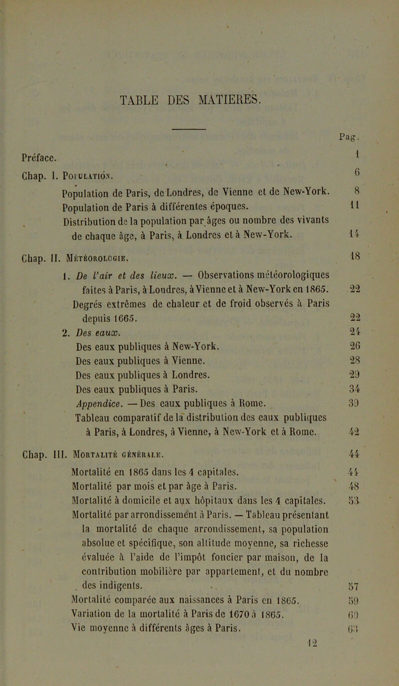 TABLE DES MATIERES. Pag. Préface. 1 Chap. 1. Poi ulatiôx. 6 Population de Paris, de Londres, de Vienne et de New-York. 8 Population de Paris à différentes époques. U Distribution de la population par âges ou nombre des vivants de chaque âge, à Paris, à Londres et à New-York. 14 Chap. II. Météorologie. 1. De l’air et des lieux. — Observations météorologiques faites à Paris, à Londres, à Vienne et à New-York en 1865. Degrés extrêmes de chaleur et de froid observés à Paris depuis 1665. 2. Des eaux. Des eaux publiques à New-York. Des eaux publiques à Vienne. Des eaux publiques à Londres. Des eaux publiques à Paris. Appendice. — Des eaux publiques à Rome. Tableau comparatif de la distribution des eaux publiques à Paris, à Londres, â Vienne, à New-York et à Rome. Chap. 111. Mortalité générale. 18 22 22 21 26 28 29 34 39 42 44 Mortalité en 1865 dans les 4 capitales. 44 Mortalité par mois et par âge à Paris. 48 Mortalité à domicile et aux hôpitaux dans les 4 capitales. 33 Mortalité par arrondissement à Paris. — Tableau présenlant la mortalité de chaque arrondissement, sa population absolue et spécifique, son altitude moyenne, sa richesse évaluée à l’aide de l’impôt foncier par maison, de la contribution mobilière par appartement, et du nombre des indigents. . 57 Mortalité comparée aux naissances à Paris en 1865. 39 Variation de la mortalité à Paris de 1670 à 1865. 69 Vie moyenne à différents âges à Paris. (j:i 12