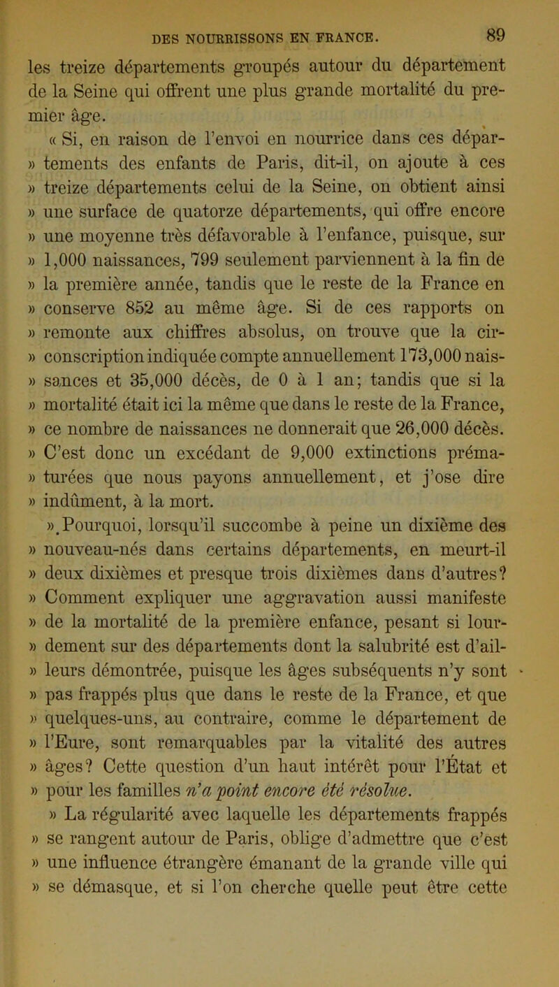 les treize départements groupés autour du département de la Seine qui offrent une plus grande mortalité du pre- mier âge. « Si, en raison de l’envoi en nourrice dans ces dépar- » tements des enfants de Paris, dit-il, on ajoute à ces » treize départements celui de la Seine, on obtient ainsi » une surface de quatorze départements, qui offre encore » une moyenne très défavorable à l’enfance, puisque, sur » 1,000 naissances, 799 seulement parviennent à la fin de » la première année, tandis que le reste de la France en » conserve 852 au même âge. Si de ces rapports on » remonte aux chiffres absolus, on trouve que la cir- » conscription indiquée compte annuellement 173,000 nais- » sances et 35,000 décès, de 0 à 1 an; tandis que si la » mortalité était ici la même que dans le reste de la France, » ce nombre de naissances ne donnerait que 26,000 décès. » C’est donc un excédant de 9,000 extinctions préma- » turées que nous payons annuellement, et j’ose dire » indûment, à la mort. », Pourquoi, lorsqu’il succombe à peine un dixième des » nouveau-nés dans certains départements, en meurt-il » deux dixièmes et presque trois dixièmes dans d’autres? » Comment expliquer une aggravation aussi manifeste » de la mortalité de la première enfance, pesant si lour- » dement sur des départements dont la salubrité est d’ail- » leurs démontrée, puisque les âges subséquents n’y sont * » pas frappés plus que dans le reste de la France, et que >.' quelques-uns, au contraire, comme le département de » l’Eure, sont remarquables par la vitalité des autres » âges? Cette question d’un haut intérêt pour l’État et » pour les familles n’a ^oint encore été résolue. » La régularité avec laquelle les départements frappés » se rangent autour de Paris, oblige d’admettre que c’est » une influence étrangère émanant de la grande ville qui » se démasque, et si l’on cherche quelle peut être cette