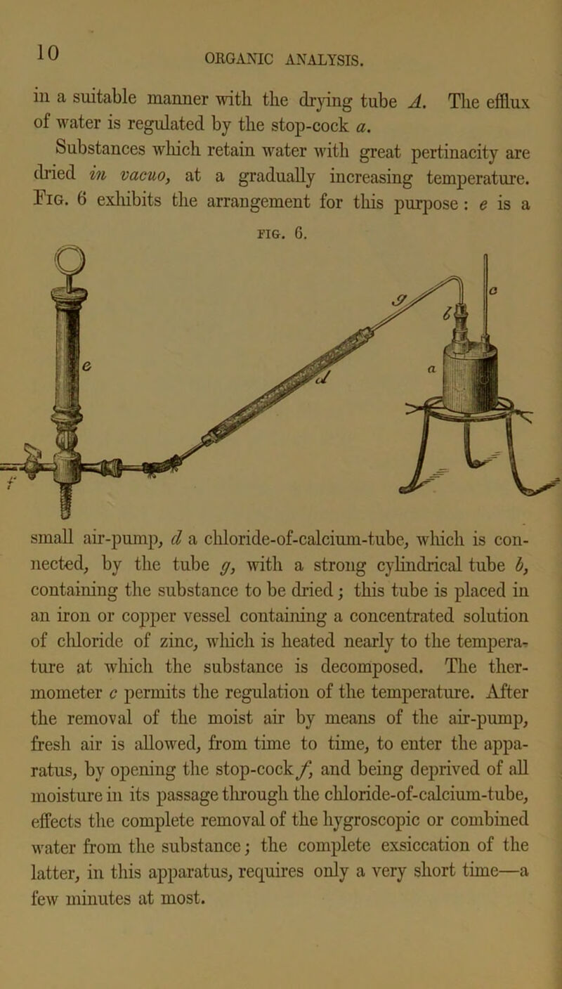 ill a suitable manner with the drying tube A. The efflux of water is regulated by the stop-cock a. Substances which retain water with great pertinacity are dried in vacuo, at a gradually increasing temperature. Fig. 6 exhibits the arrangement for this purpose: e is a fig. 6. small air-pump, d a chloride-of-calcium-tube, which is con- nected, by the tube g, with a strong cylindrical tube b, containing the substance to be dried; this tube is placed in an iron or copper vessel containing a concentrated solution of cldoride of zinc, which is heated nearly to the tempera- ture at which the substance is decomposed. The ther- mometer c permits the regulation of the temperature. After the removal of the moist air by means of the air-pump, fresh air is allowed, from time to time, to enter the appa- ratus, by opening the stop-cock f, and being deprived of all moisture in its passage through the chloride-of-calcium-tube, effects the complete removal of the hygroscopic or combined water from the substance; the complete exsiccation of the latter, in this apparatus, requires only a very short time—a few minutes at most.