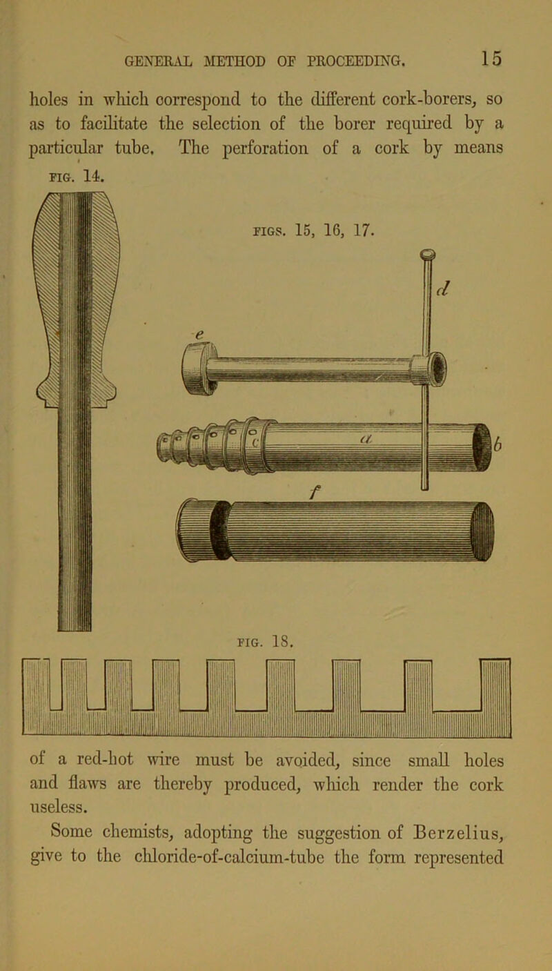holes in which correspond to the different cork-borers, so as to facilitate the selection of the borer required by a particular tube. The perforation of a cork by means fig. 14. of a red-hot wire must be avoided, since small holes and flaws are thereby produced, which render the cork useless. Some chemists, adopting the suggestion of Berzelius, give to the chloride-of-calcium-tubc the form represented