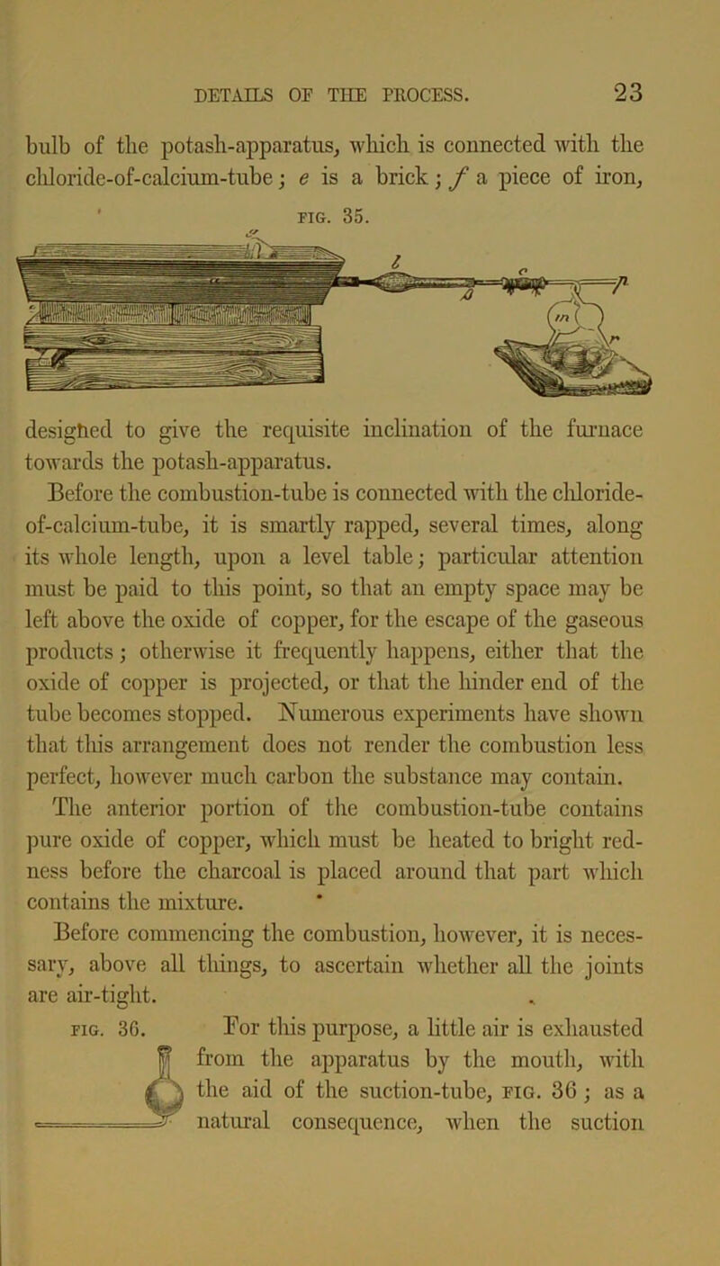 bulb of tbe potash-apparatus, which is connected with the cldoride-of-calcium-tube; e is a brick; f a piece of iron, fig. 35. designed to give the requisite inclination of the furnace towards the potash-apparatus. Before the combustion-tube is connected with the chloride- of-calcium-tube, it is smartly rapped, several times, along its whole length, upon a level table; particular attention must be paid to this point, so that an empty space may be left above the oxide of copper, for the escape of the gaseous products; otherwise it frequently happens, either that the oxide of copper is projected, or that the hinder end of the tube becomes stopped. Numerous experiments have shown that this arrangement does not render the combustion less perfect, however much carbon the substance may contain. The anterior portion of the combustion-tube contains pure oxide of copper, which must be heated to bright red- ness before the charcoal is placed around that part which contains the mixture. Before commencing the combustion, however, it is neces- sary, above all things, to ascertain whether all tbe joints are air-tight. fig. 30. Bor this purpose, a little air is exhausted from the apparatus by the mouth, with the aid of the suction-tube, pig. 36 ; as a natural consequence, when the suction
