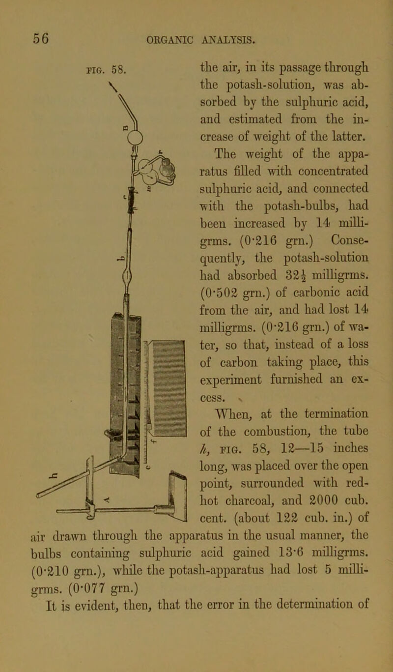 fig. 58. the air, in its passage through \ the potash-solution, was ab- sorbed by the sulphuric acid, and estimated from the in- crease of weight of the latter. The weight of the appa- ratus filled with concentrated sulphuric acid, and connected with the potash-bulbs, had been increased by 14 milh- grms. (0216 grn.) Conse- cpiently, the potash-solution had absorbed 32^ milligrms. (0-502 grn.) of carbonic acid from the air, and had lost 14 milligrms. (0216 grn.) of wa- ter, so that, instead of a loss of carbon taking place, this experiment furnished an ex- cess. V When, at the termination of the combustion, the tube h, pig. 58, 12—15 inches long, was placed over the open point, surrounded with red- hot charcoal, and 2000 cub. cent, (about 122 cub. in.) of air drawn through the apparatus in the usual manner, the bulbs containing sulphuric acid gained 13-6 milligrms. (0-210 grn.), while the potash-apparatus had lost 5 milli- grms. (0-077 grn.) It is evident, then, that the error in the determination of